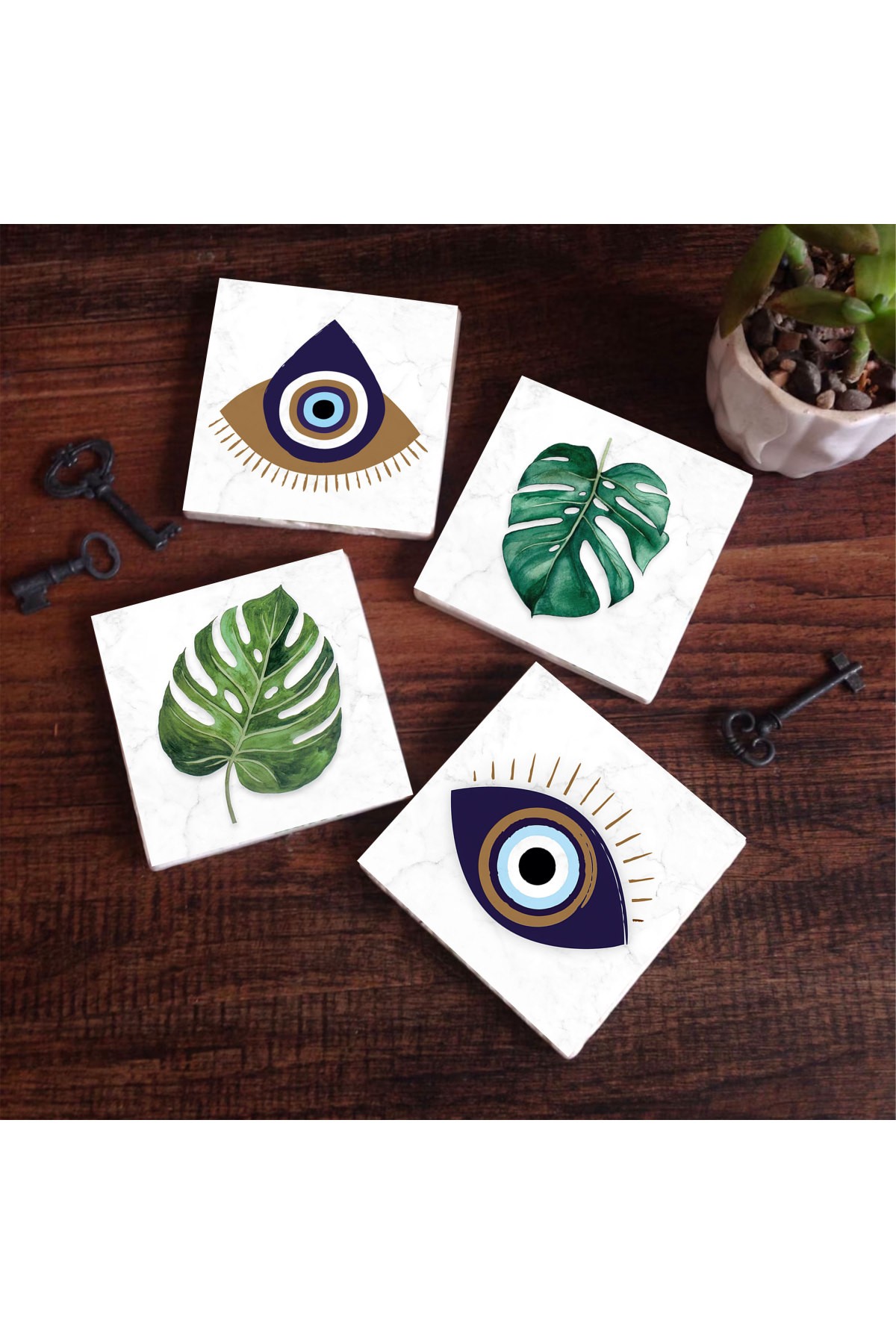 Evil Eye, Leaf Stone Coasters Desktop Protective Coasters 4 Piece Set 10x10cm Stone Coasters