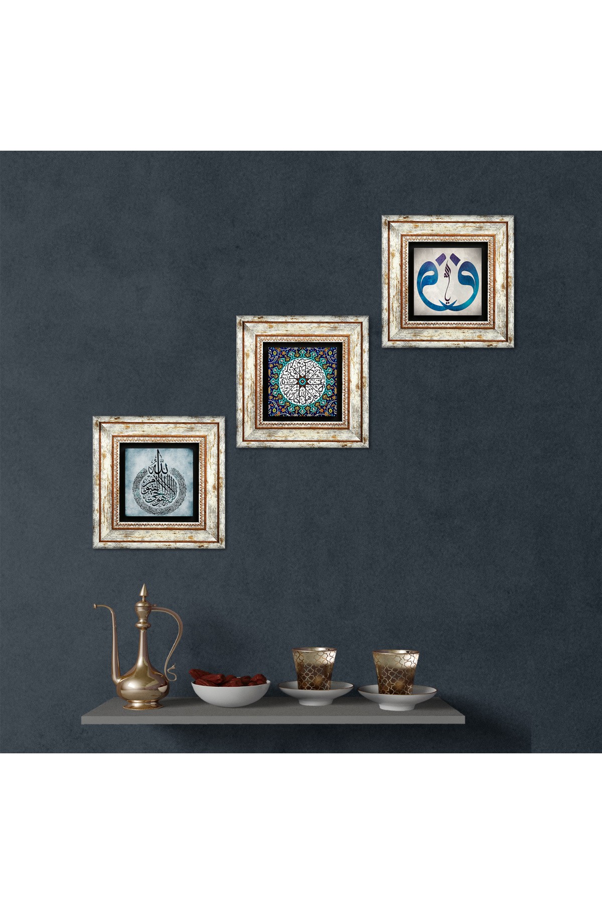 Vav, Surah Al-Ikhlas, Ayat al-Kursi Stone Wall Painting Framed Wall Decoration 3 Piece Painting Set Wall Art