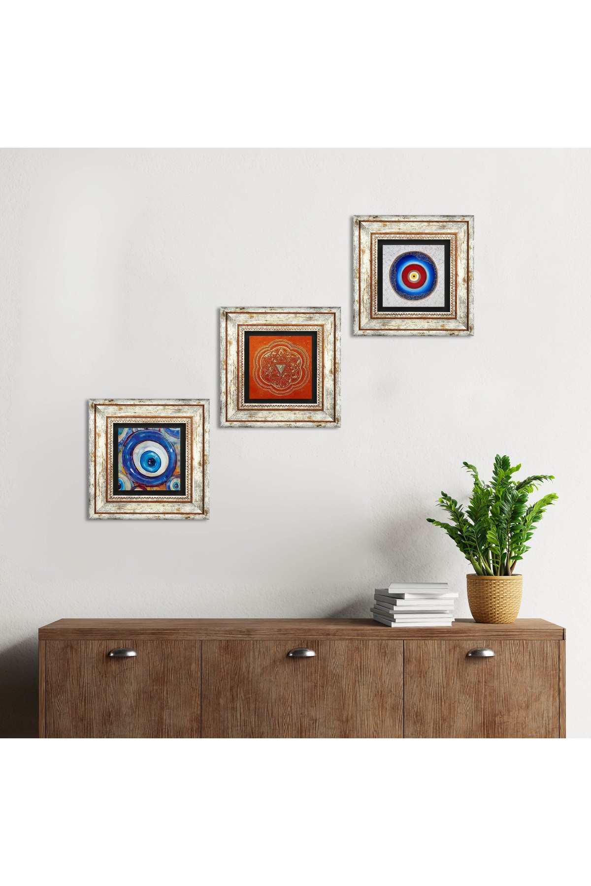 Evil Eye, Sri Yantra Stone Wall Painting Framed Wall Decor 3 Piece Painting Set Wall Art