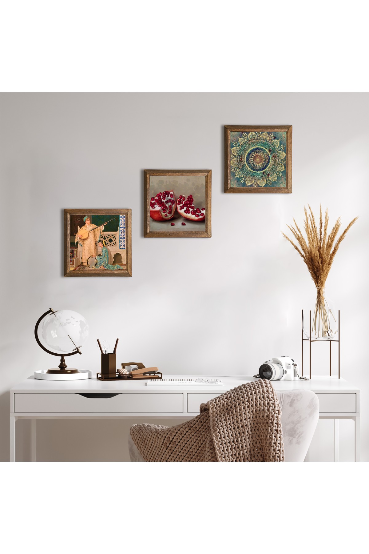 Mandala, İki Müzisyen Kız Tablosu, Nar Taş Duvar Tablosu Ahşap Çerçeveli Duvar Dekoru 3 Parça Tablo Seti Wall Art