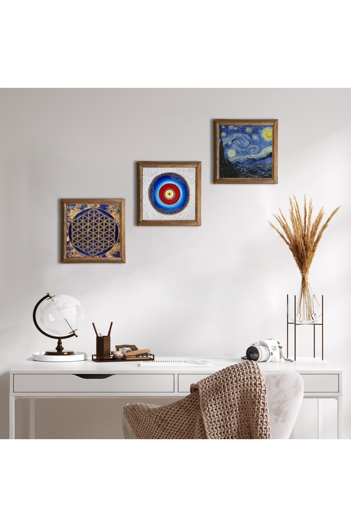 Evil Eye, Flower of Life, Van Gogh Starry Night Stone Wall Painting Wooden Framed Wall Decor 3 Piece Painting Set Wall Art