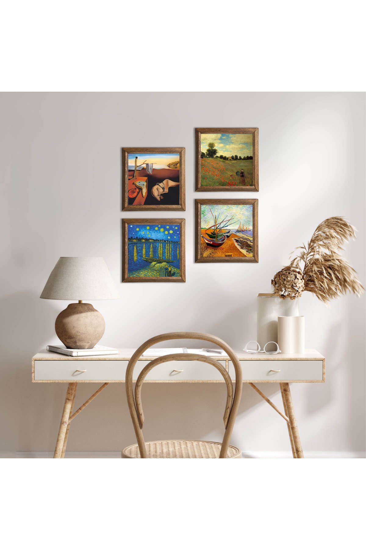 Salvador Dalí, Claude Monet, Van Gogh Taş Duvar Tablosu Ahşap Çerçeveli Duvar Dekoru 4 Parça Tablo Seti Wall Art