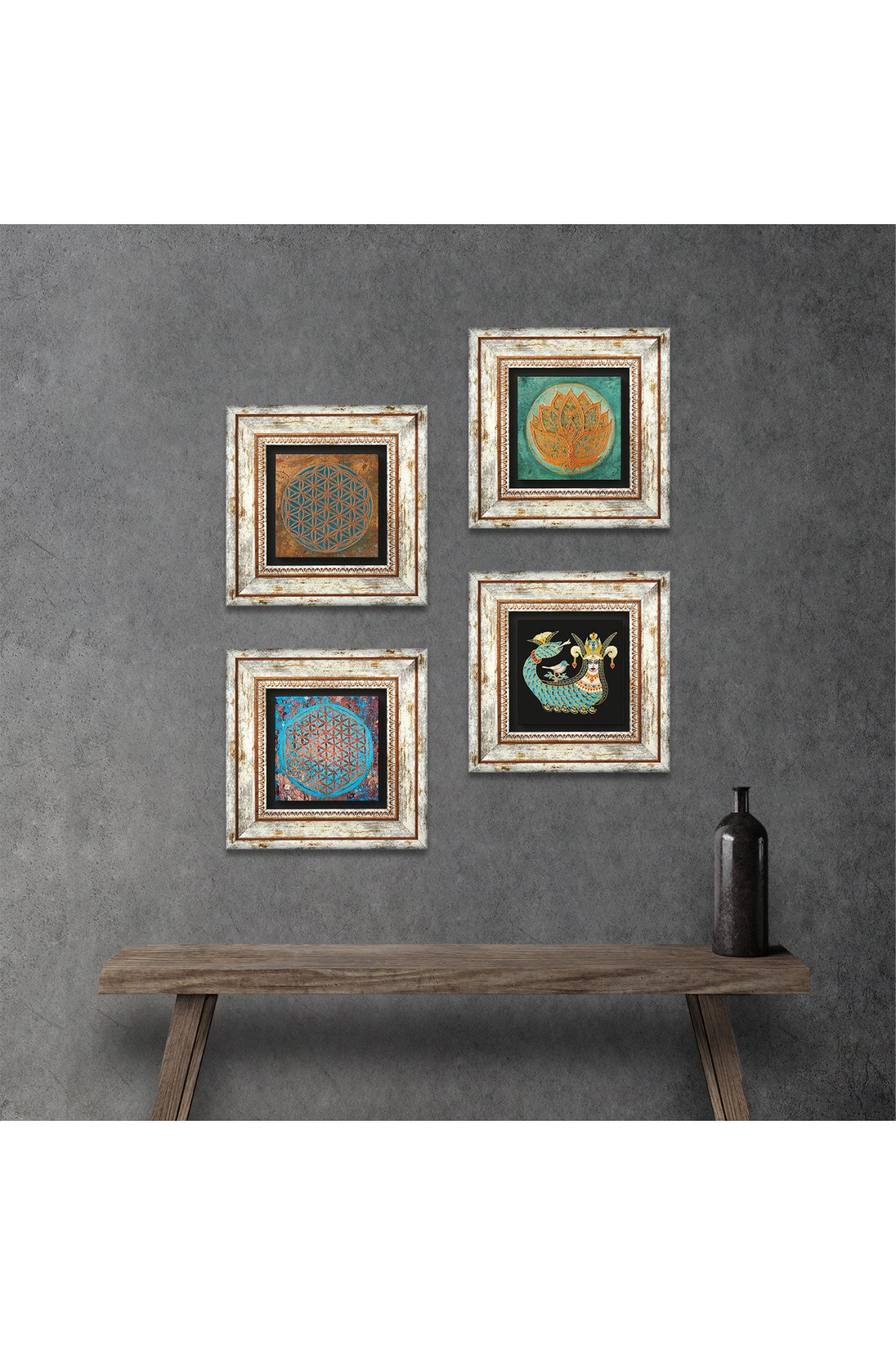 Flower of Life, Lotus Flower, Shahmaran Stone Wall Painting Framed Wall Decor 4 Piece Painting Set Wall Art