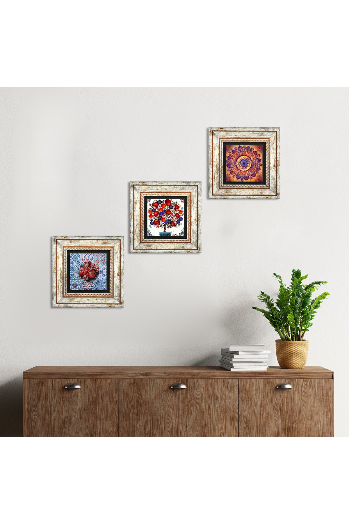 Mandala, Nar, Nar Ağacı Taş Duvar Tablosu Çerçeveli Duvar Dekoru 3 Parça Tablo Seti Wall Art