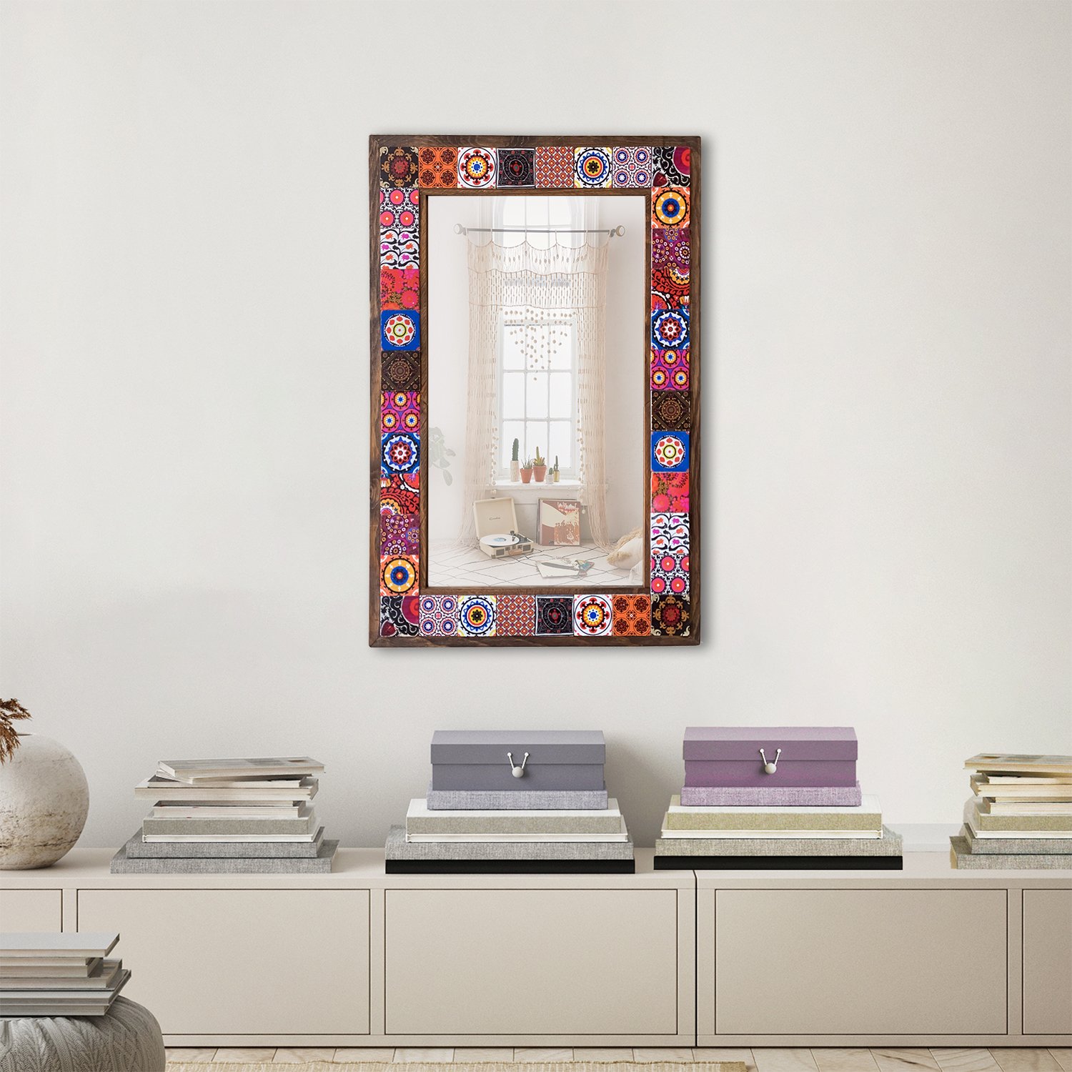 Mosaic Stone Wall Mirror, Wooden Framed Decorative Mirror, Living Room Console Full-length Mirror, Wall Mirror