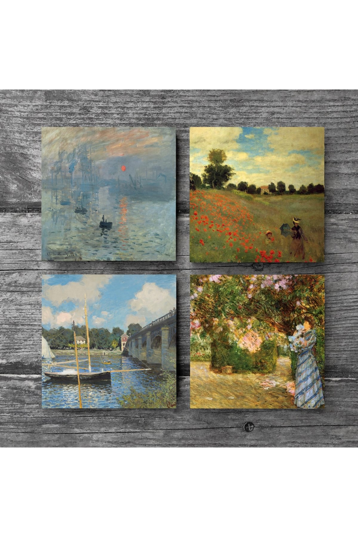 Claude Monet Bahçede, Argenteuil'de Köprü, Gelincikler, İzlenim Gün Doğumu Taş Bardak Altlığı Masaüstü Koruyucu Altlık 4 Parça Set 10x10cm Stone Coasters