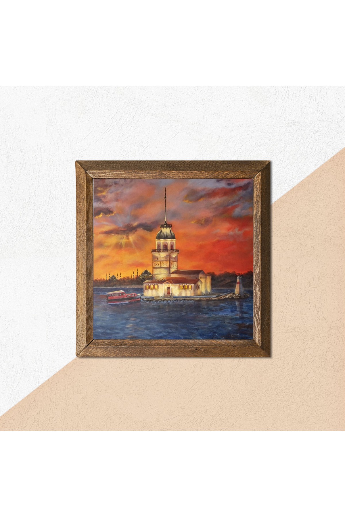 Istanbul Maiden's Tower Stone Wall Painting Wooden Framed Wall Decoration Wall Art 25x25cm