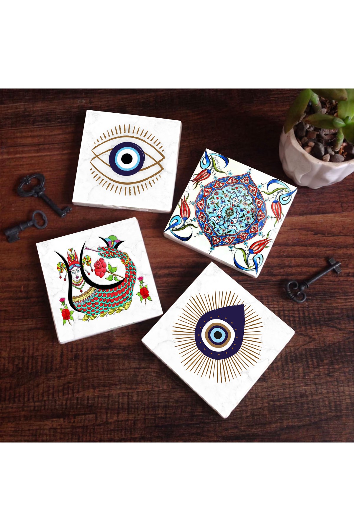 Evil Eye, Shahmaran, Tile Art Stone Coasters Desktop Protective Coasters 4 Piece Set 10x10cm Stone Coasters