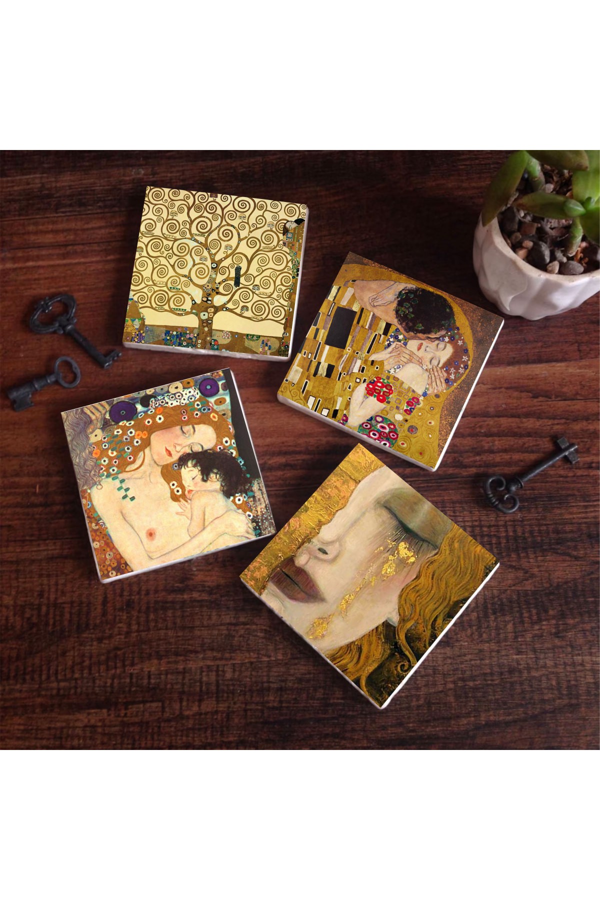 Gustav Klimt Altın Gözyaşları, Anne Çocuk, Öpücük, Hayat Ağacı Taş Bardak Altlığı Masaüstü Koruyucu Altlık 4 Parça Set 10x10cm Stone Coasters