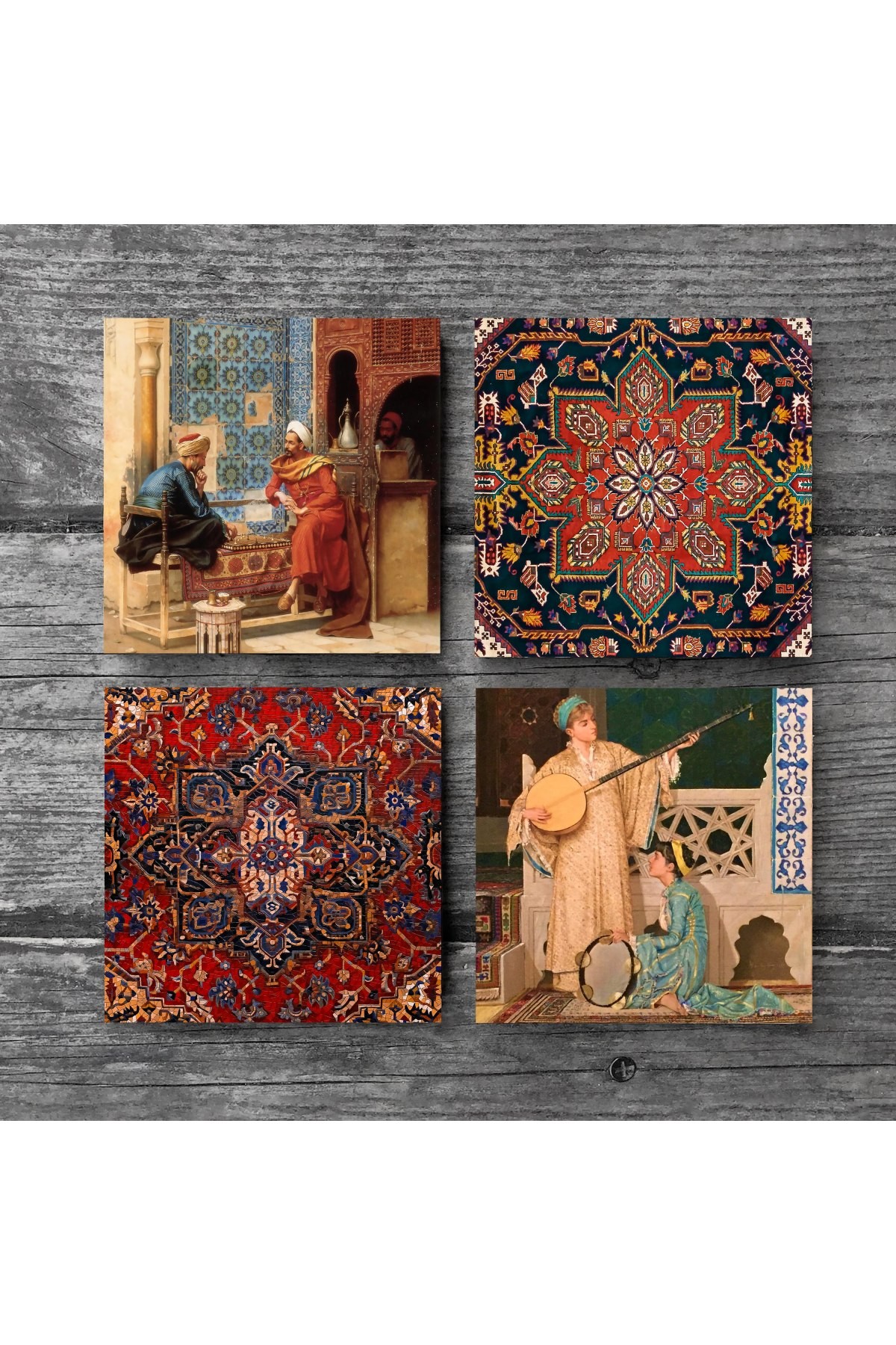 Desen, Satranç Oyunu, İki Müzisyen Kız Taş Bardak Altlığı Masaüstü Koruyucu Altlık 4 Parça Set 10x10cm Stone Coasters