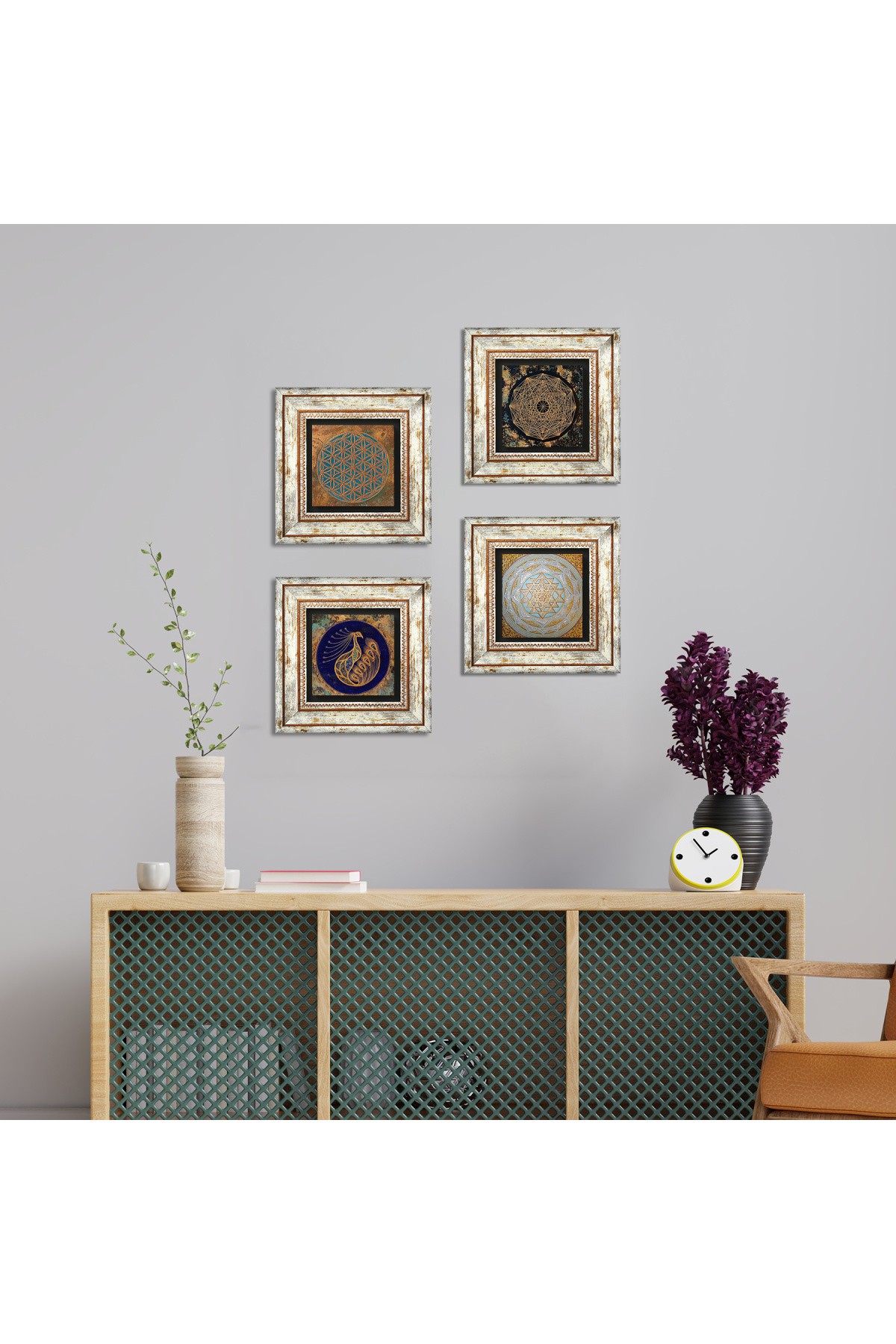 Yaşam Çiçeği, Tavus Kuşu, Sri Yantra Taş Duvar Tablosu Çerçeveli Duvar Dekoru 4 Parça Tablo Seti Wall Art