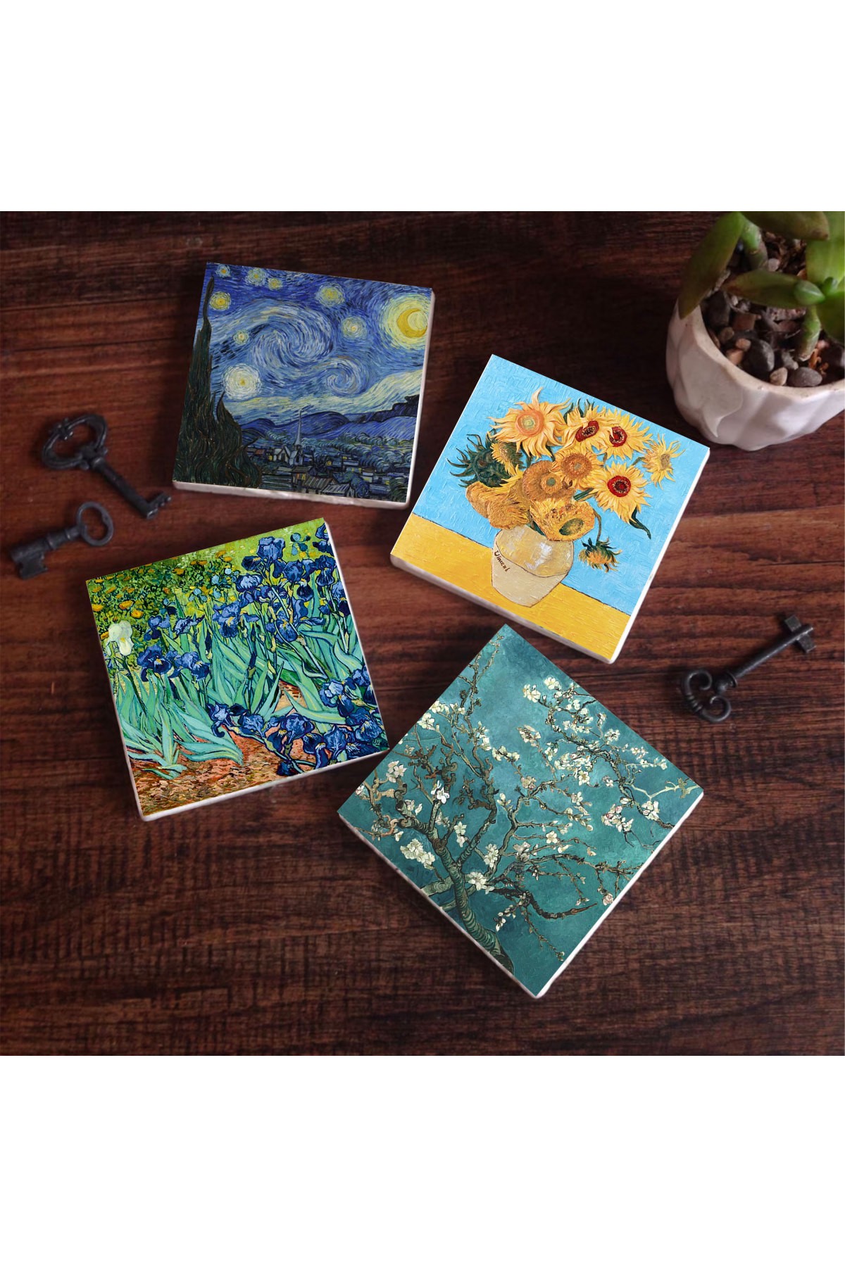 Van Gogh On İki Ayçiçekli Vazo, İrisler, Yıldızlı Gece, Badem Ağacı Taş Bardak Altlığı Masaüstü Koruyucu Altlık 4 Parça Set 10x10cm Stone Coasters