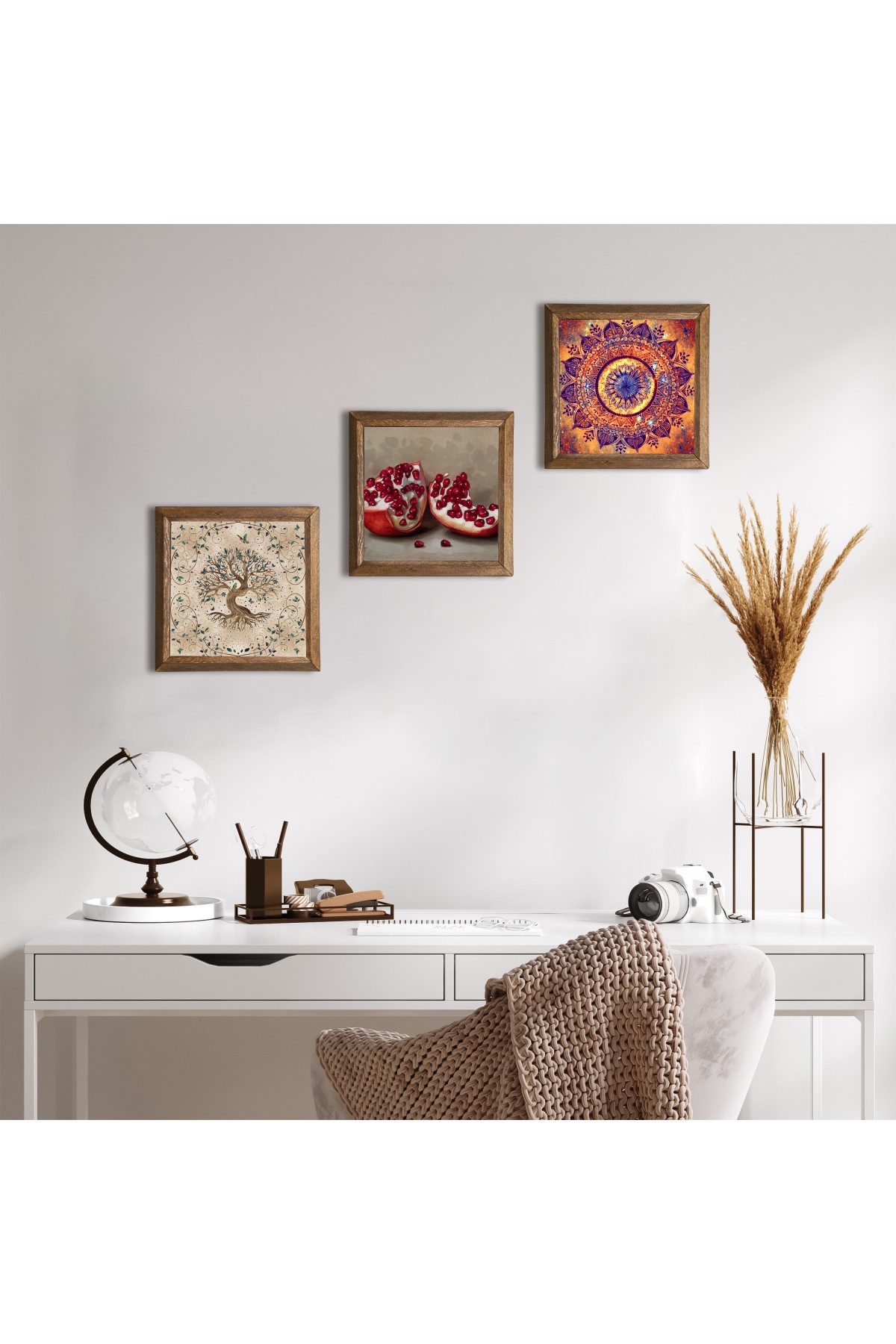 Mandala, Hayat Ağacı, Nar Taş Duvar Tablosu Ahşap Çerçeveli Duvar Dekoru 3 Parça Tablo Seti Wall Art