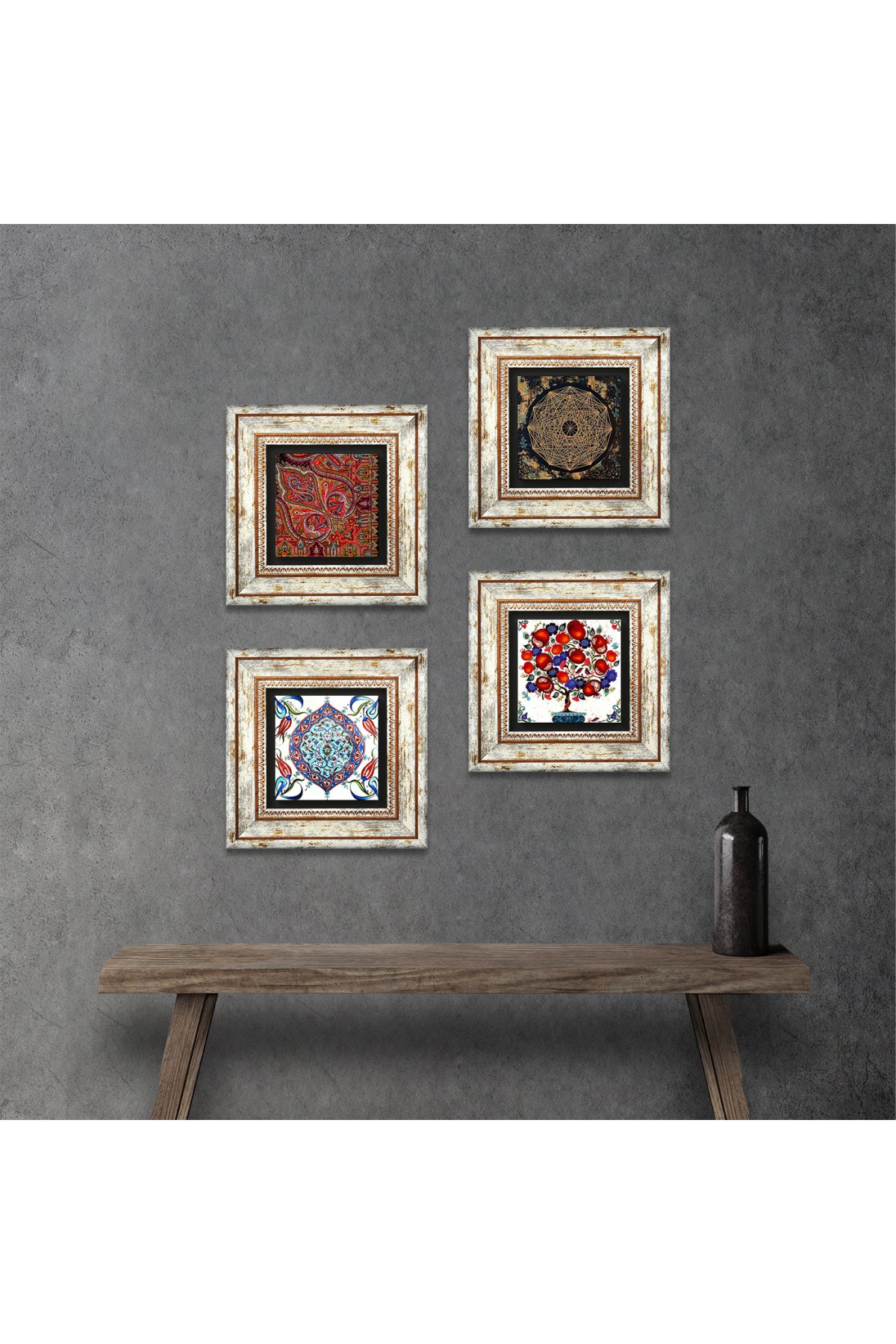 Sri Yantra, Desen, Çini Sanatı, Nar Ağacı Taş Duvar Tablosu Çerçeveli Duvar Dekoru 4 Parça Tablo Seti Wall Art