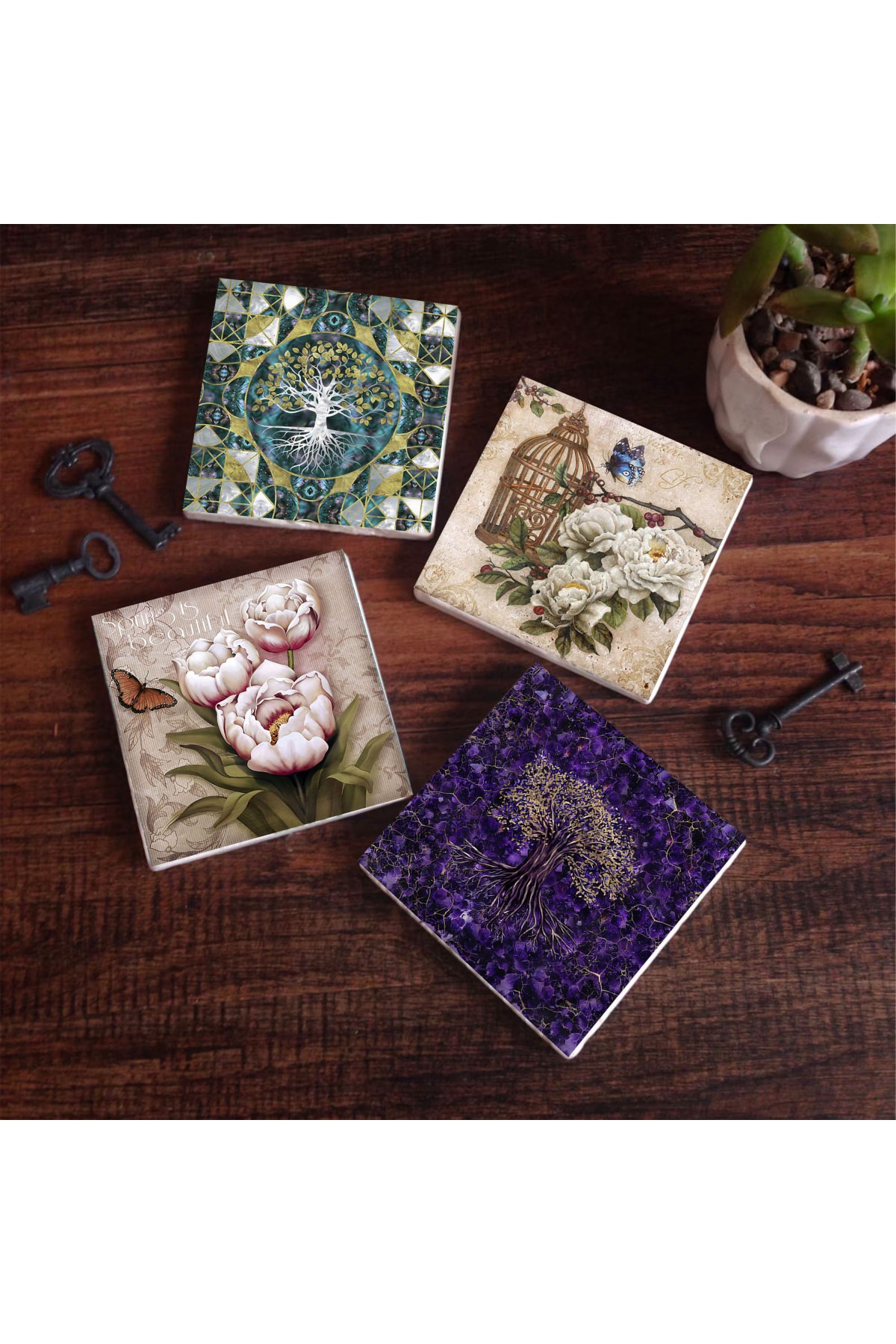 Tree of Life, Butterfly Flower Stone Coasters Desktop Protective Coasters 4 Piece Set 10x10cm Stone Coasters