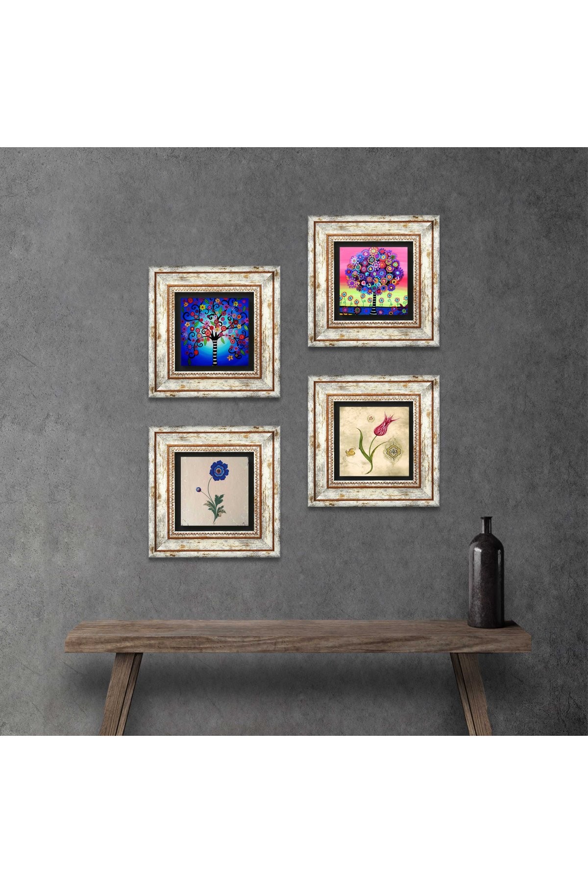 Marbling Art, Tulip, Tree of Life Stone Wall Painting Framed Wall Decor 4 Piece Painting Set Wall Art