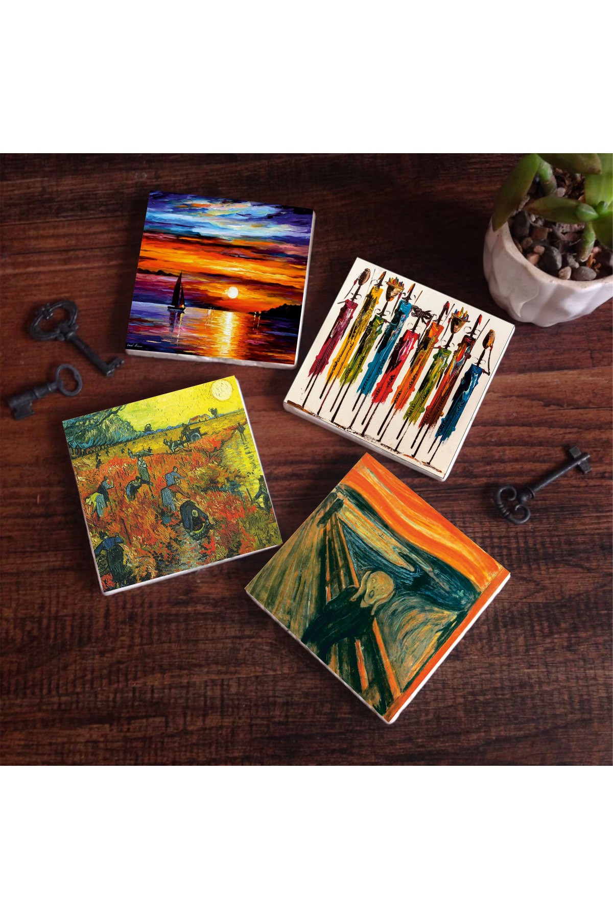 Van Gogh Arles'te Kırmızı Bağ, Çığlık, Yerli Kadınlar, Deniz Manzarası Taş Bardak Altlığı Masaüstü Koruyucu Altlık 4 Parça Set 10x10cm Stone Coasters