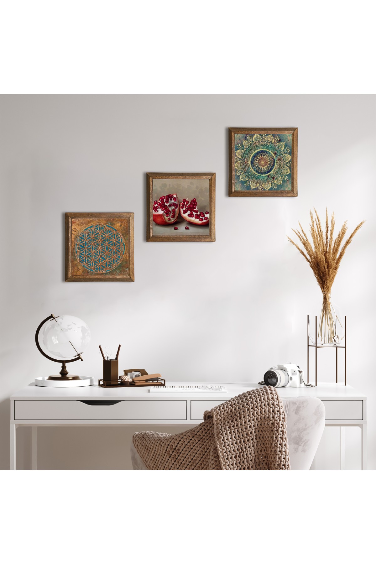 Yaşam Çiçeği, Mandala, Nar Taş Duvar Tablosu Ahşap Çerçeveli Duvar Dekoru 3 Parça Tablo Seti Wall Art