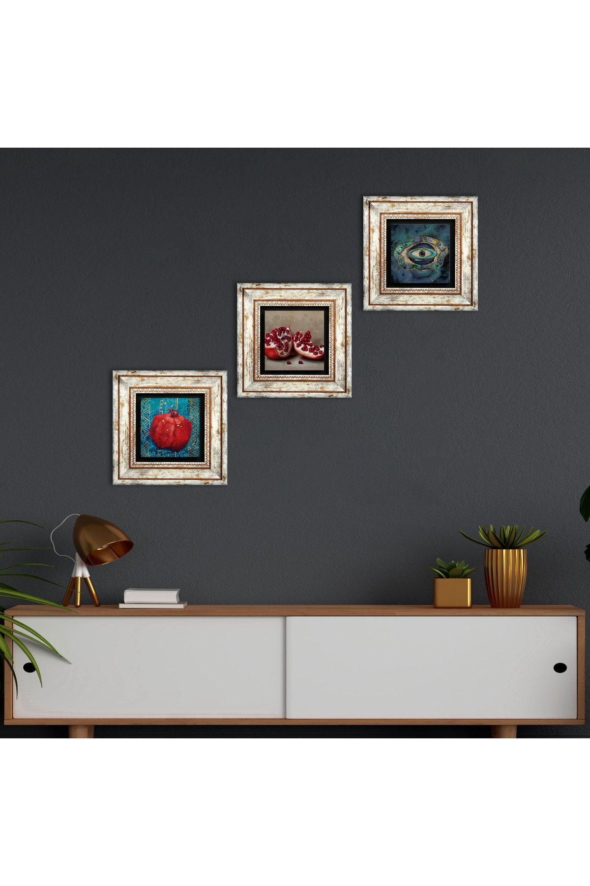 Nazar, Nar Taş Duvar Tablosu Çerçeveli Duvar Dekoru 3 Parça Tablo Seti Wall Art