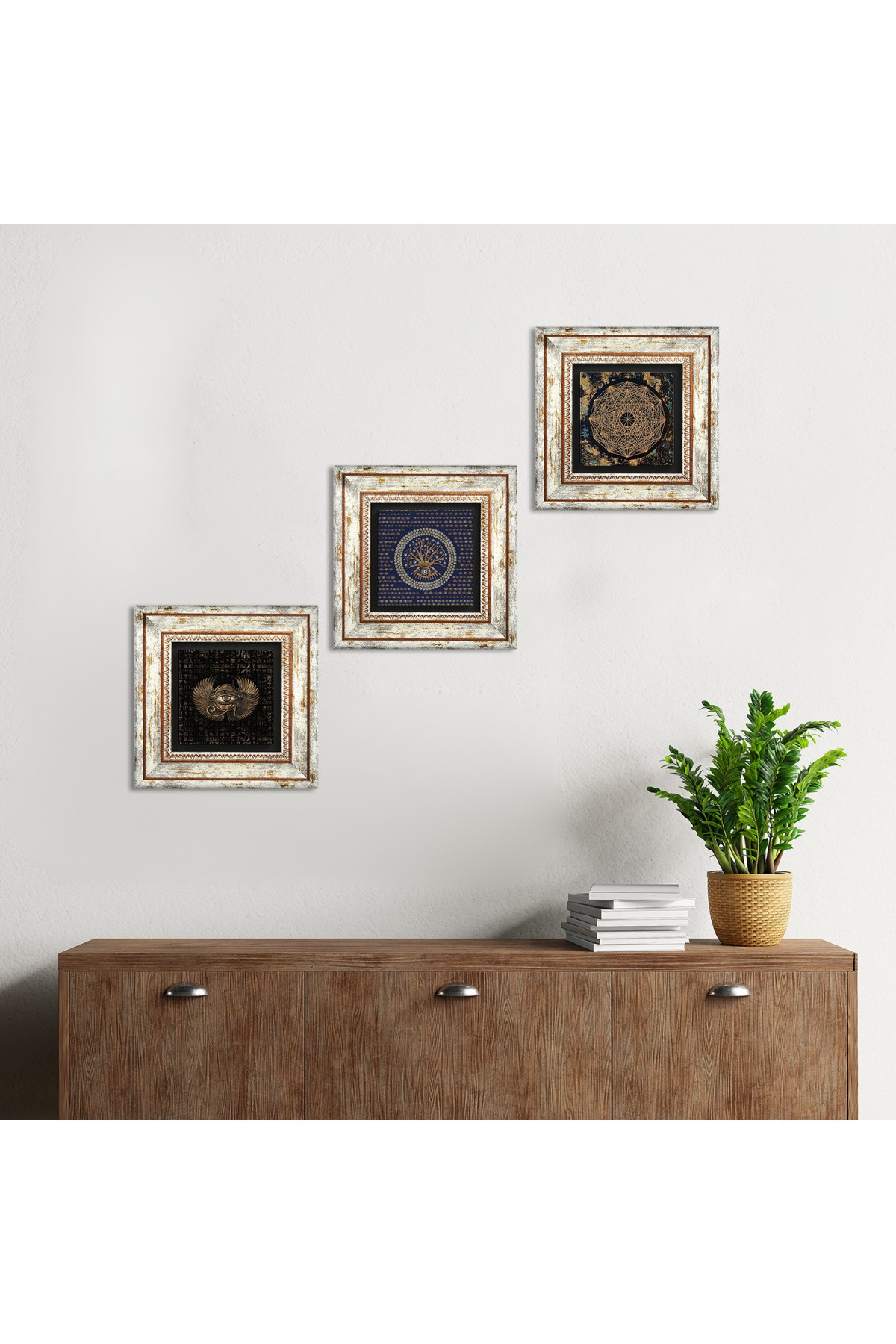 Horus'un Gözü, Nazar, Sri Yantra Taş Duvar Tablosu Çerçeveli Duvar Dekoru 3 Parça Tablo Seti Wall Art