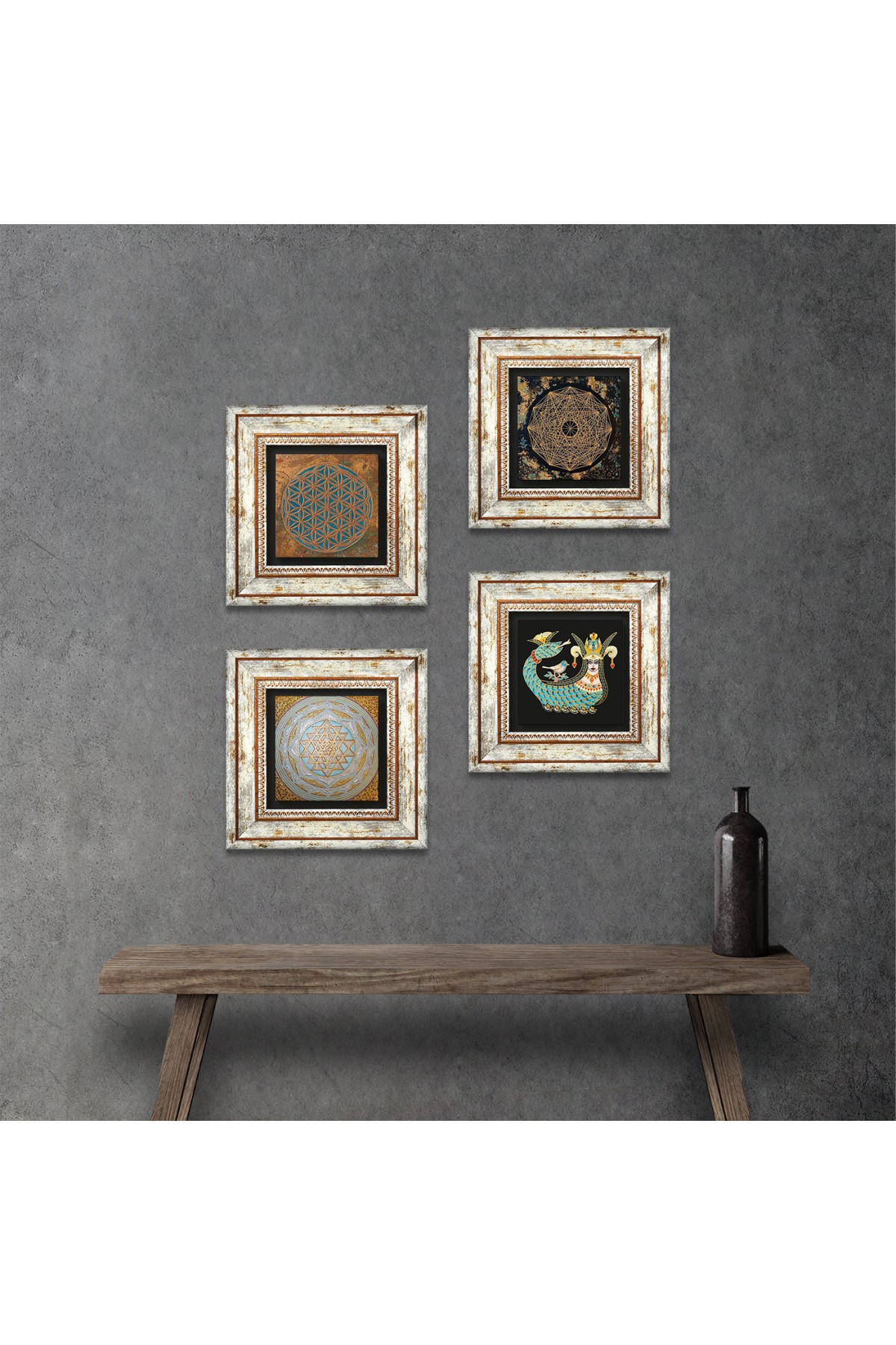 Flower of Life, Sri Yantra, Shahmaran Stone Wall Painting Framed Wall Decor 4 Piece Painting Set Wall Art