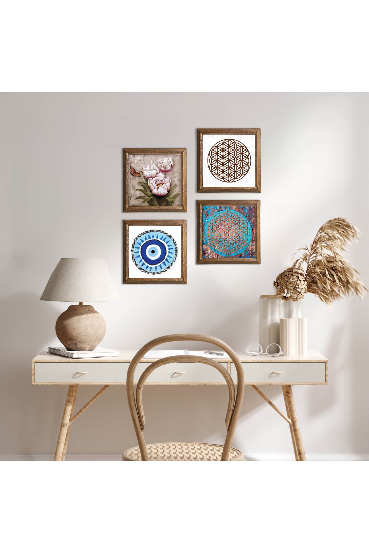 Evil Eye, Flower of Life, Butterfly Flower Stone Wall Painting Wooden Framed Wall Decor 4 Piece Painting Set Wall Art