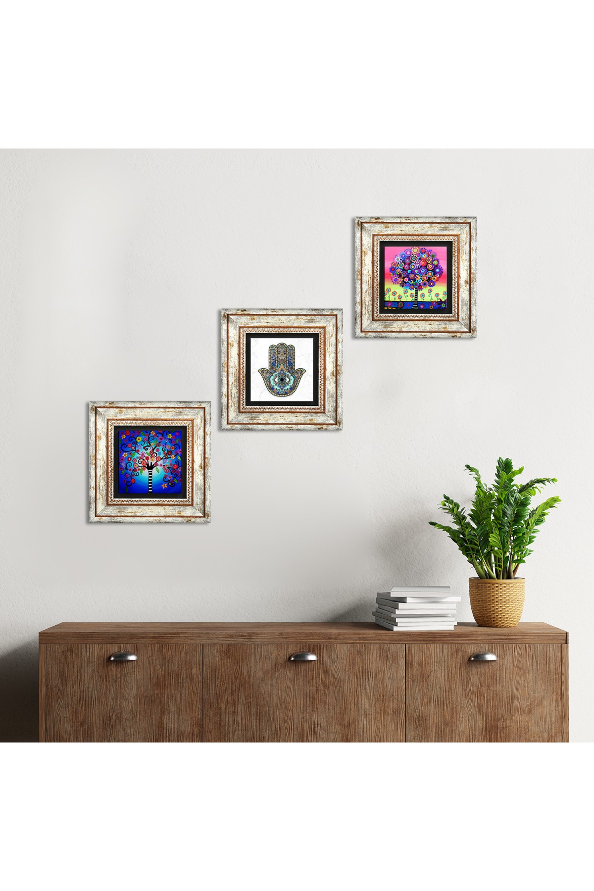 Tree of Life, Hamsa Hand Stone Wall Art Framed Wall Decor 3 Piece Painting Set Wall Art