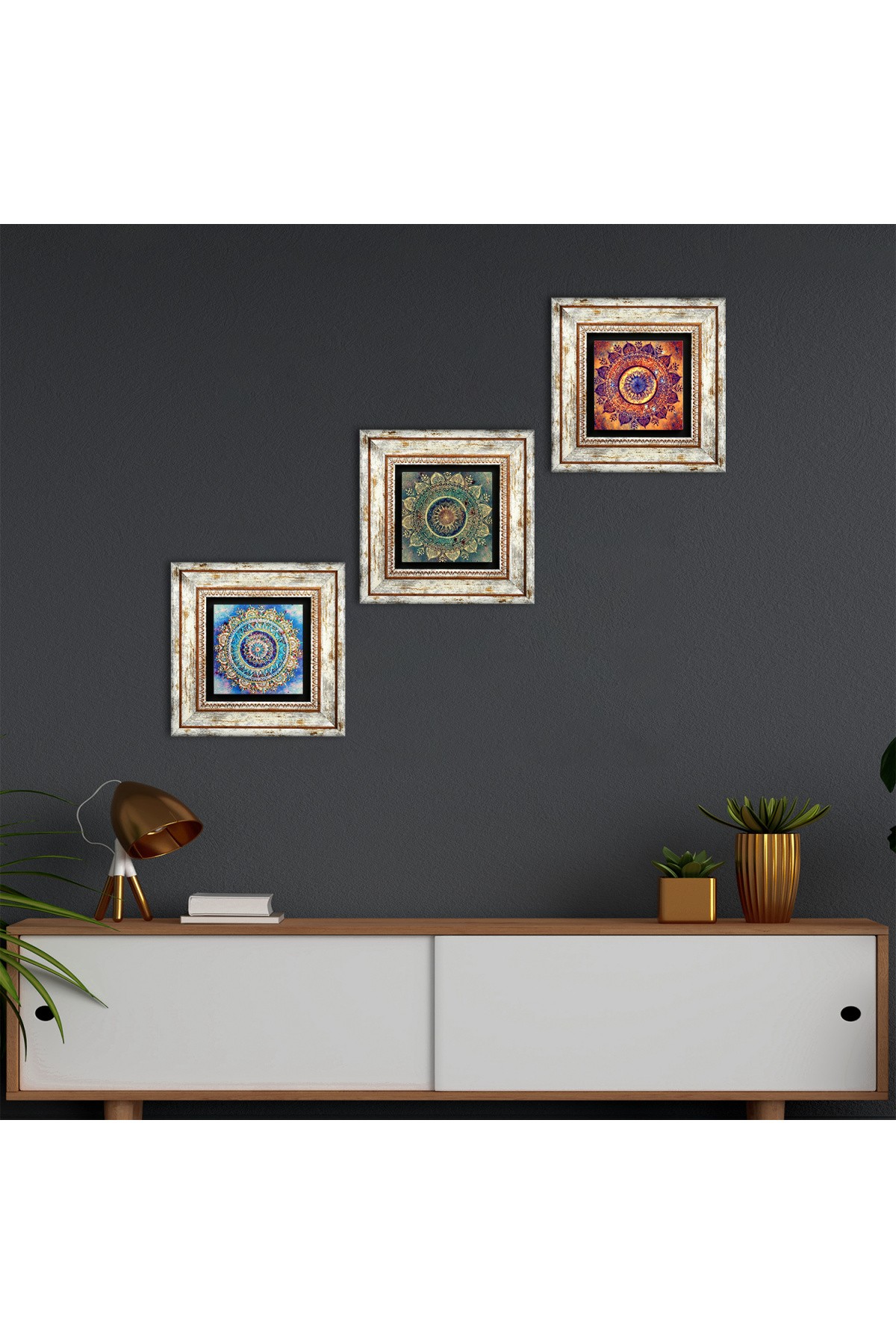 Mandala Taş Duvar Tablosu Çerçeveli Duvar Dekoru 3 Parça Tablo Seti Wall Art