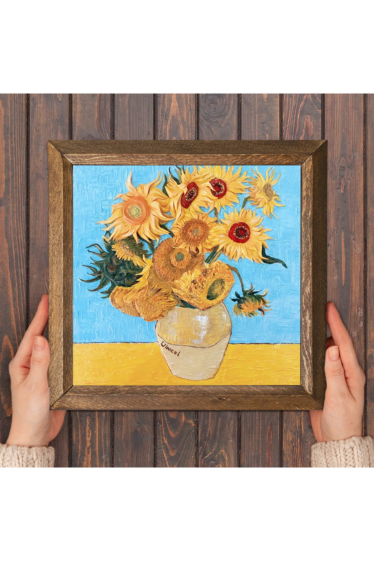 Vincent van Gogh On İki Ayçiçekli Vazo Taş Duvar Tablosu Ahşap Çerçeveli Duvar Dekoru Wall Art 25x25cm