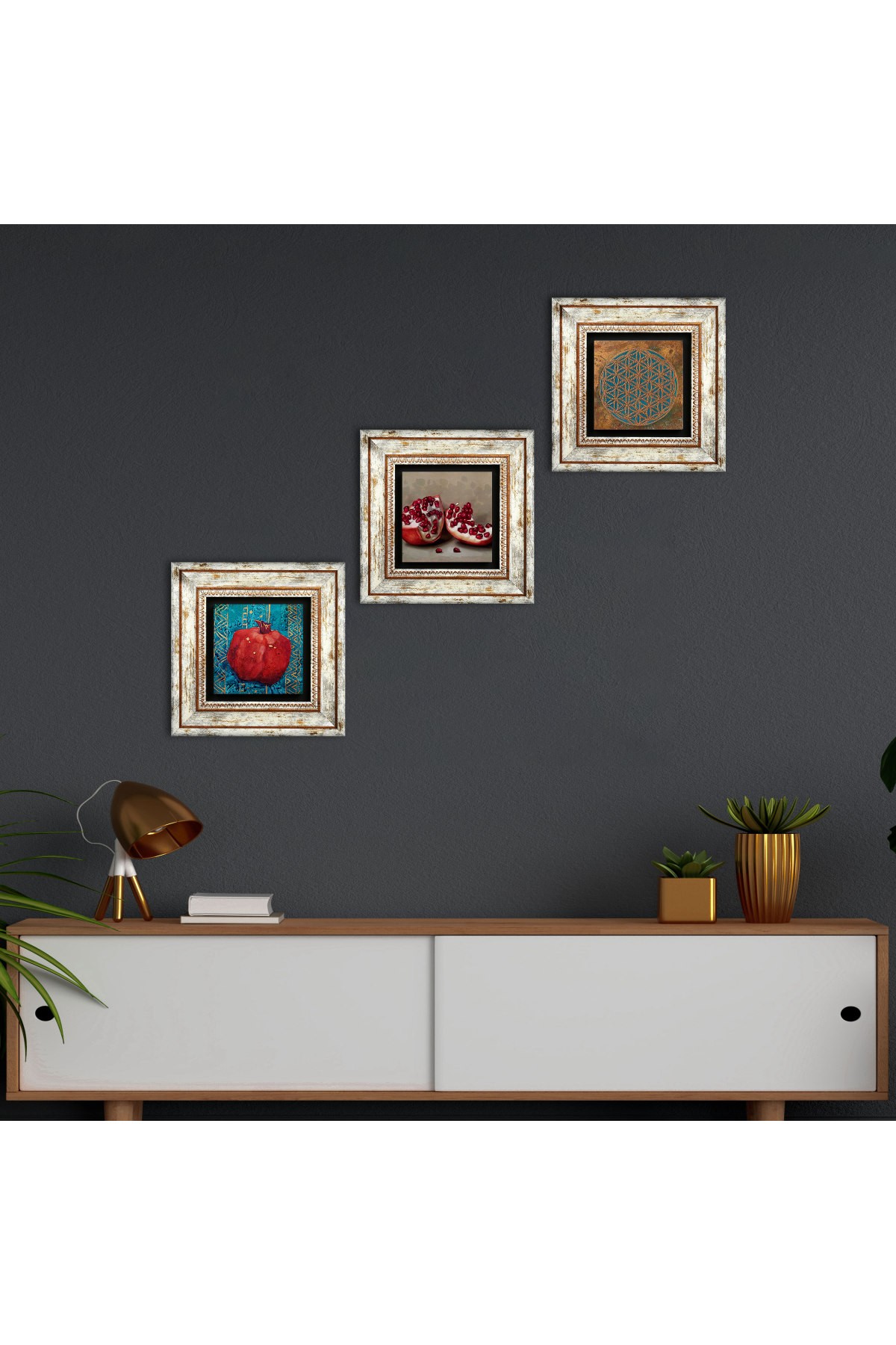 Yaşam Çiçeği, Nar Taş Duvar Tablosu Çerçeveli Duvar Dekoru 3 Parça Tablo Seti Wall Art