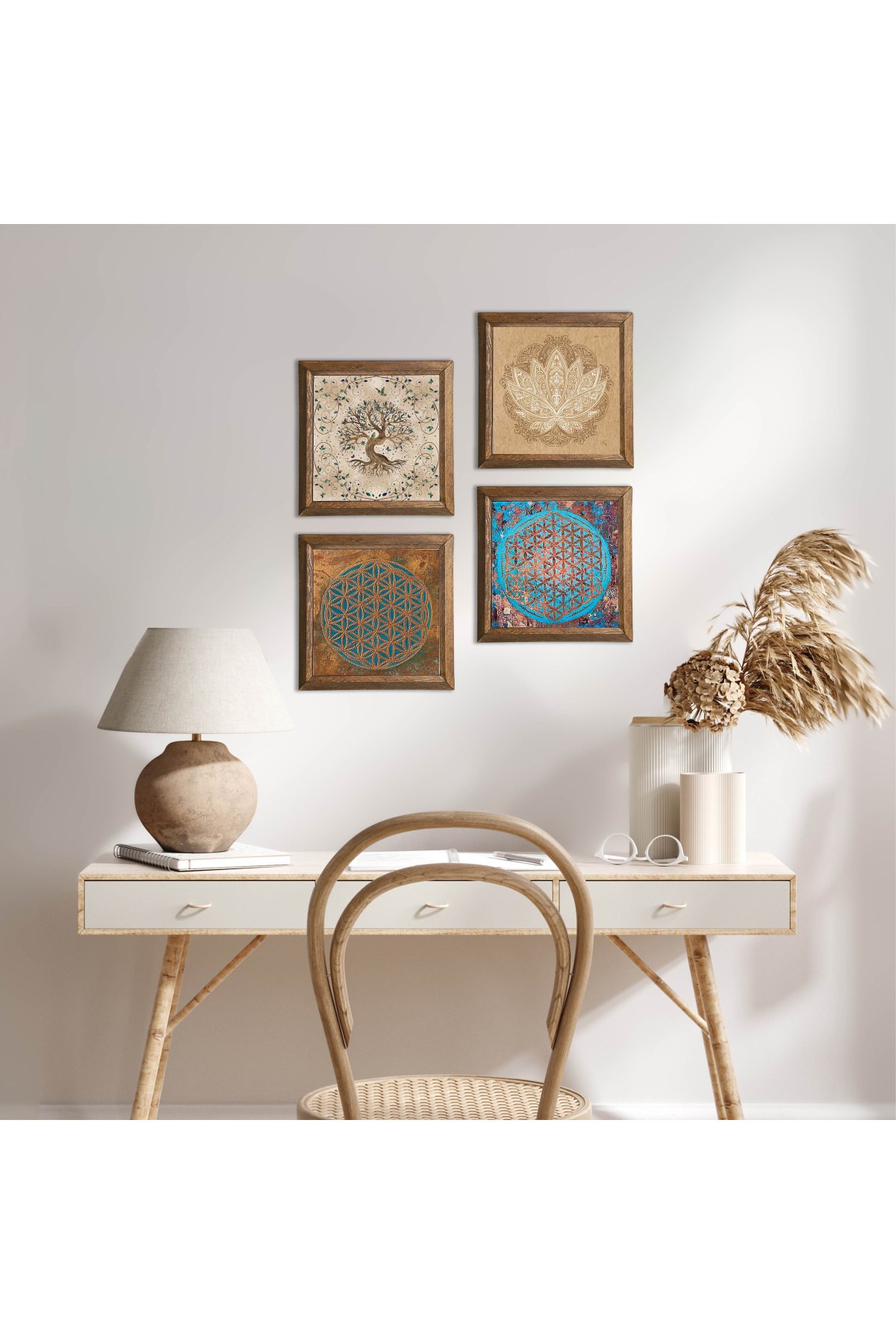 Yaşam Çiçeği, Lotus Çiçeği, Hayat Ağacı Taş Duvar Tablosu Ahşap Çerçeveli Duvar Dekoru 4 Parça Tablo Seti Wall Art