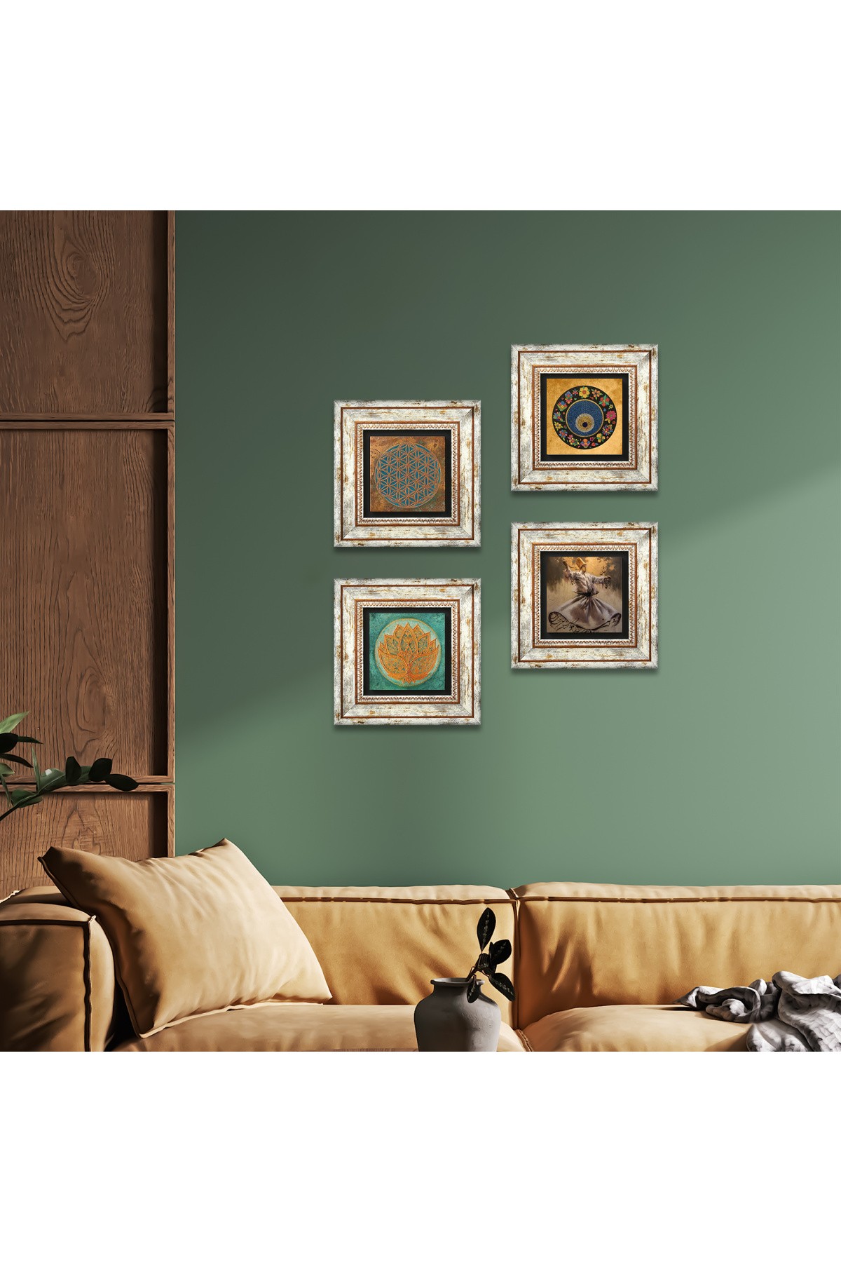 Yaşam Çiçeği, Semazen, Lotus Çiçeği, Nazar Taş Duvar Tablosu Çerçeveli Duvar Dekoru 4 Parça Tablo Seti Wall Art