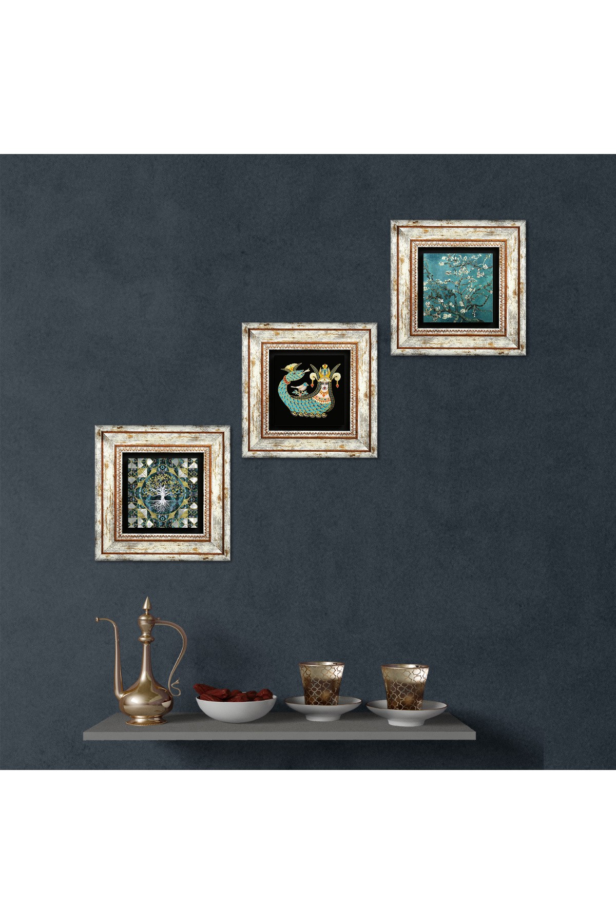 Tree of Life, Van Gogh Almond Tree, Shahmaran Stone Wall Painting Framed Wall Decor 3 Piece Painting Set Wall Art