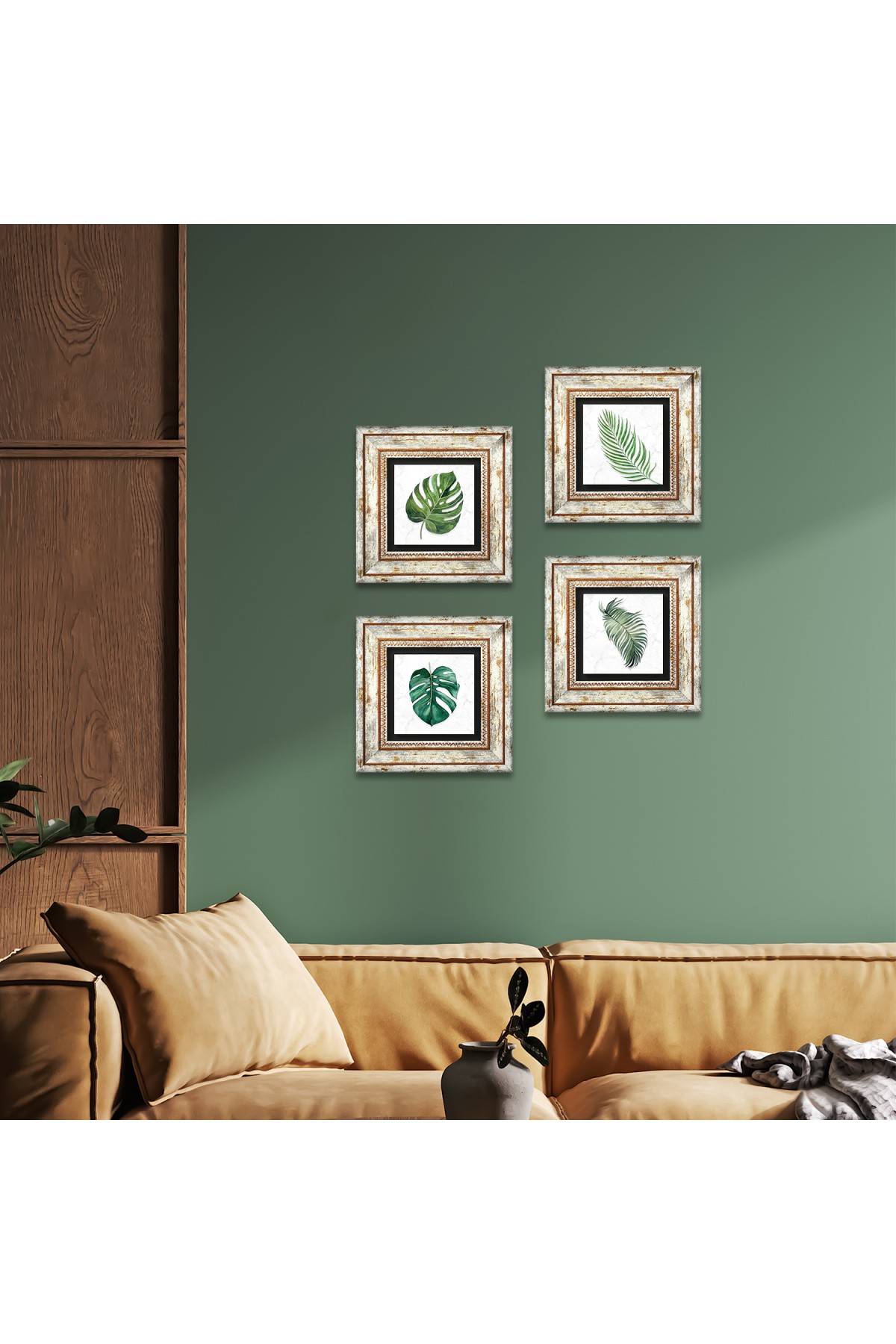 Yaprak Taş Duvar Tablosu Çerçeveli Duvar Dekoru 4 Parça Tablo Seti Wall Art