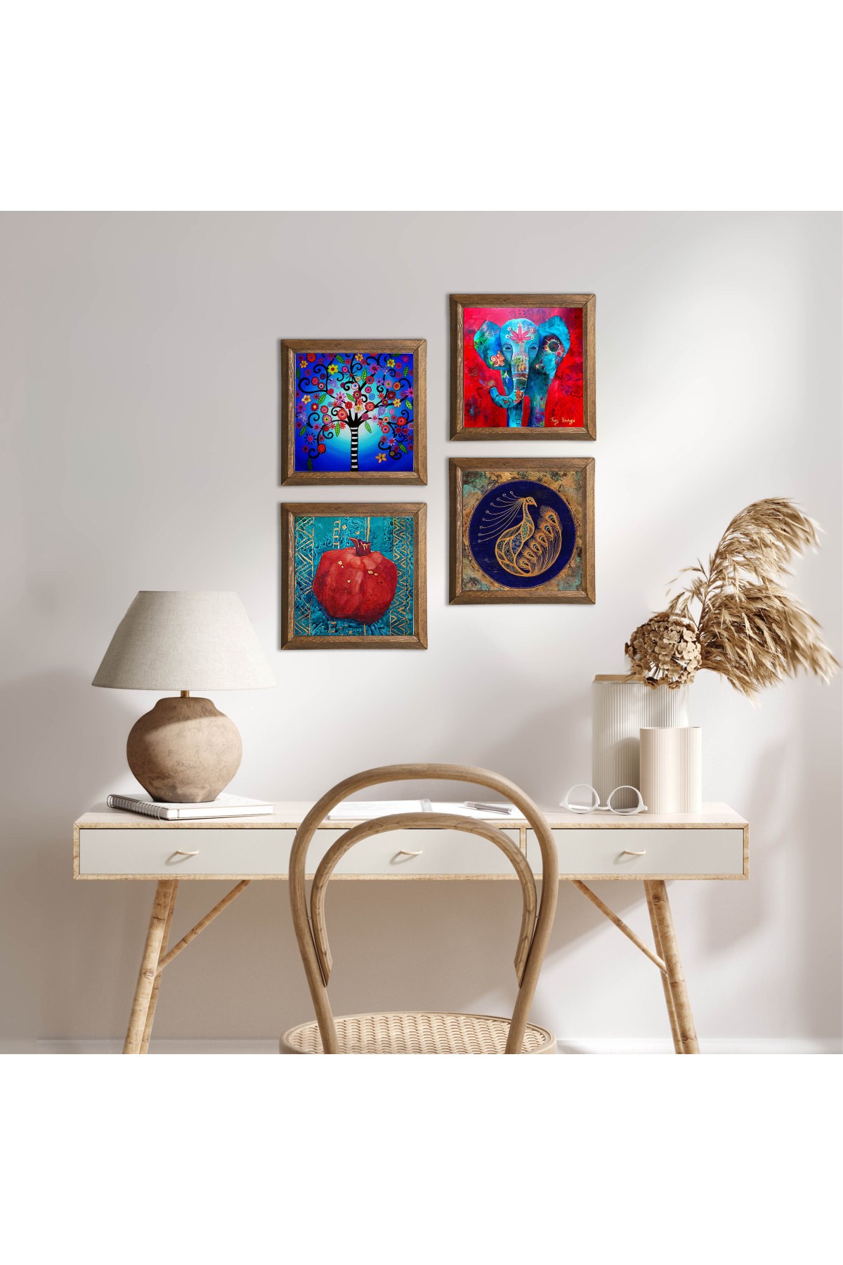 Elephant, Peacock, Tree of Life, Pomegranate Stone Wall Painting Wooden Framed Wall Decor 4 Piece Painting Set Wall Art