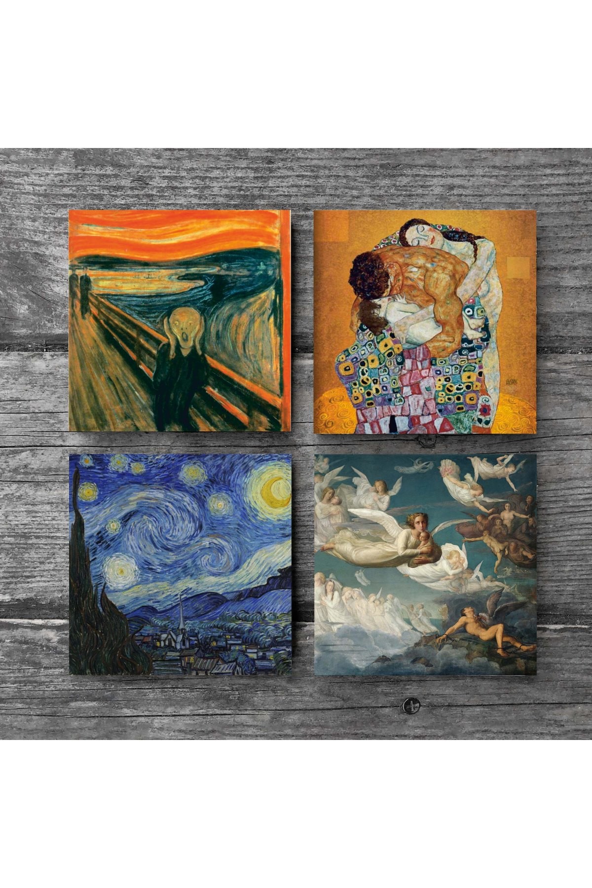 Çığlık, Van Gogh Yıldızlı Gece, Klimt Aile Kucaklama, Ruhların Geçişi Taş Bardak Altlığı Masaüstü Koruyucu Altlık 4 Parça Set 10x10cm Stone Coasters