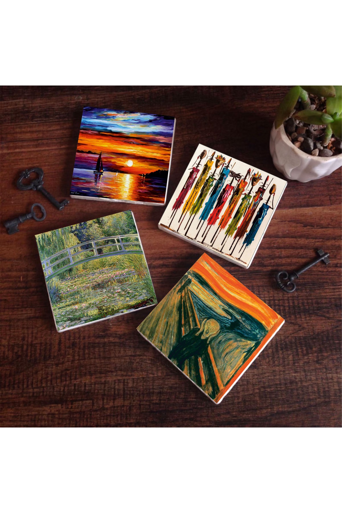 Scream, Native Women, Seascape, Claude Monet Water Lily Lake Stone Coasters Desktop Protective Coasters 4 Piece Set 10x10cm Stone Coasters