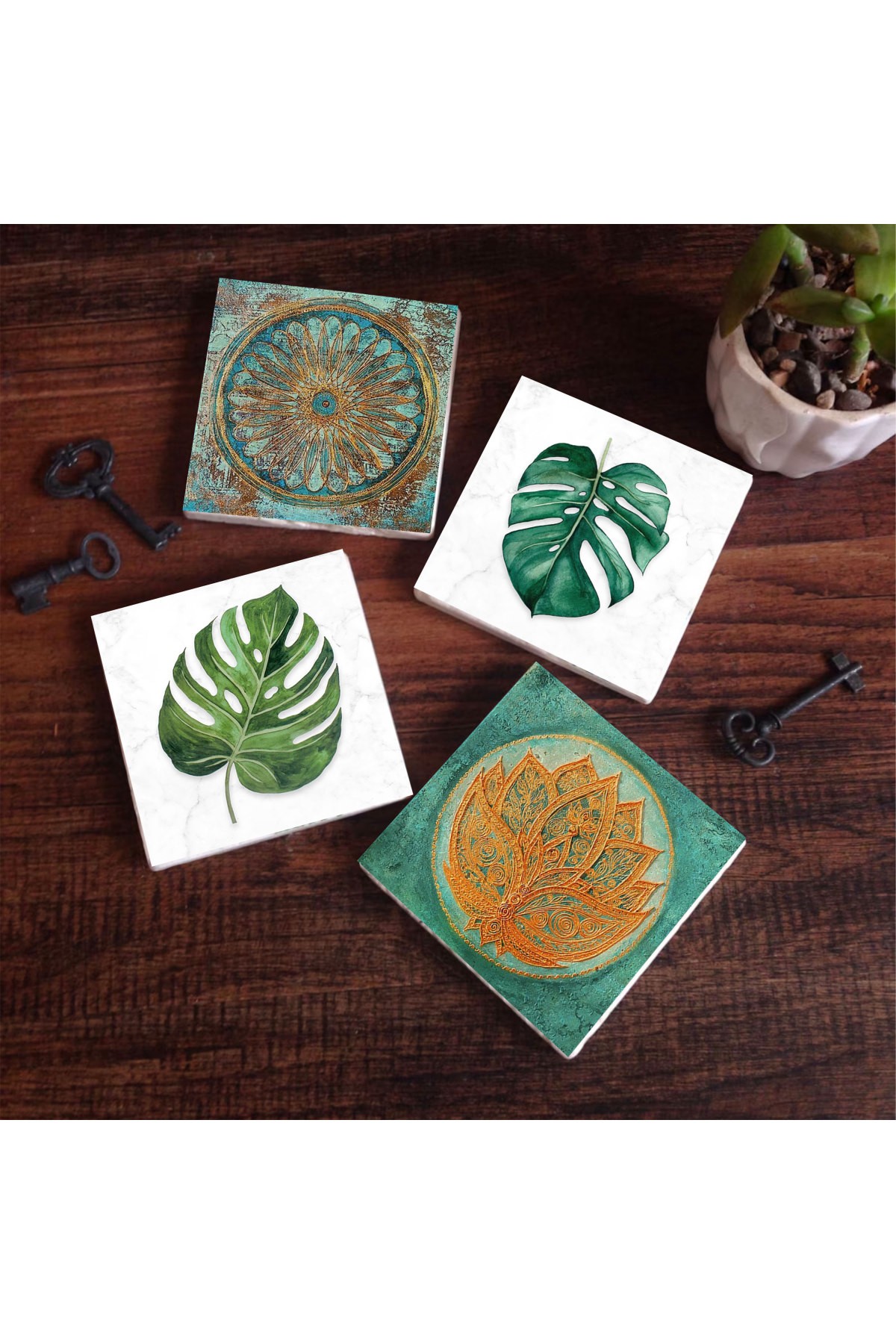 Yaprak, Lotus Çiçeği, Yaşam Çiçeği Taş Bardak Altlığı Masaüstü Koruyucu Altlık 4 Parça Set 10x10cm Stone Coasters