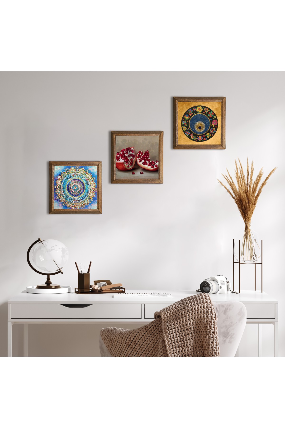 Mandala, Nazar, Nar Taş Duvar Tablosu Ahşap Çerçeveli Duvar Dekoru 3 Parça Tablo Seti Wall Art