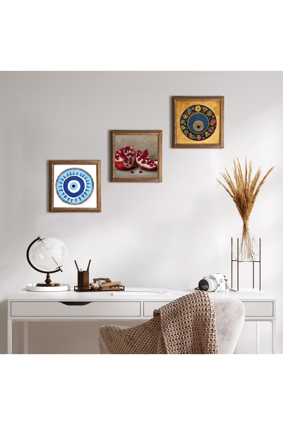 Evil Eye, Pomegranate Stone Wall Painting Wooden Framed Wall Decor 3 Piece Painting Set Wall Art