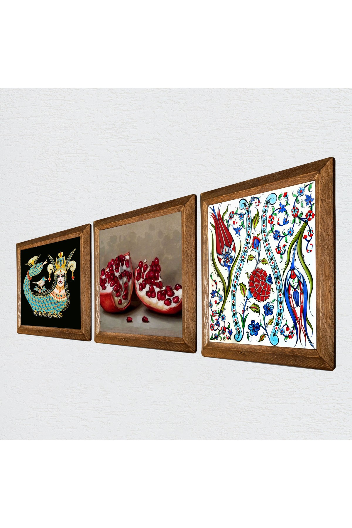 Tile Art Tulip, Shahmaran, Pomegranate Stone Wall Painting Wooden Framed Wall Decor 3 Piece Painting Set Wall Art