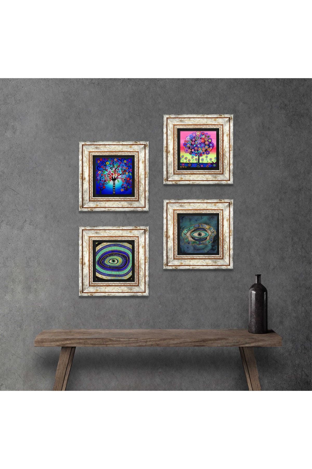 Evil Eye, Tree of Life Stone Wall Painting Framed Wall Decor 4 Piece Painting Set Wall Art