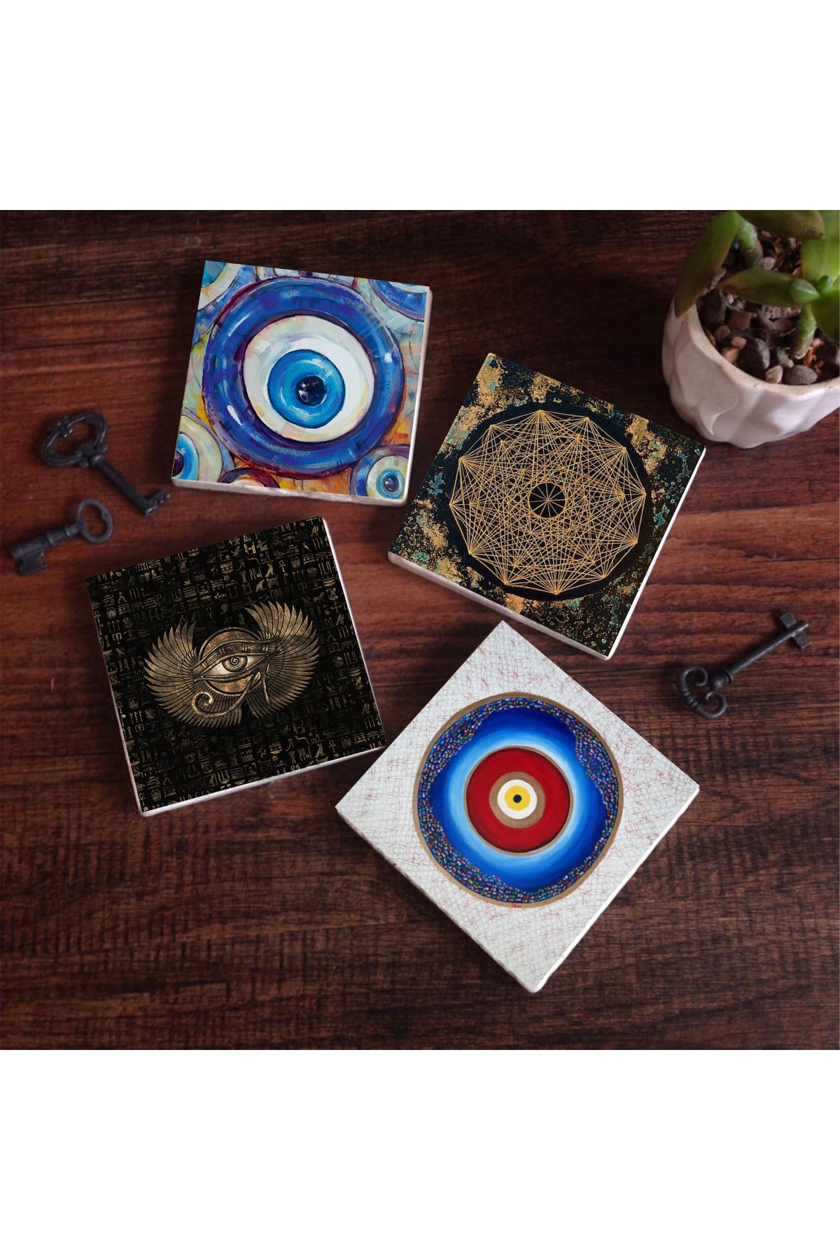 Evil Eye, Eye of Horus, Sri Yantra Stone Coasters Desktop Protective Coasters 4 Piece Set 10x10cm Stone Coasters