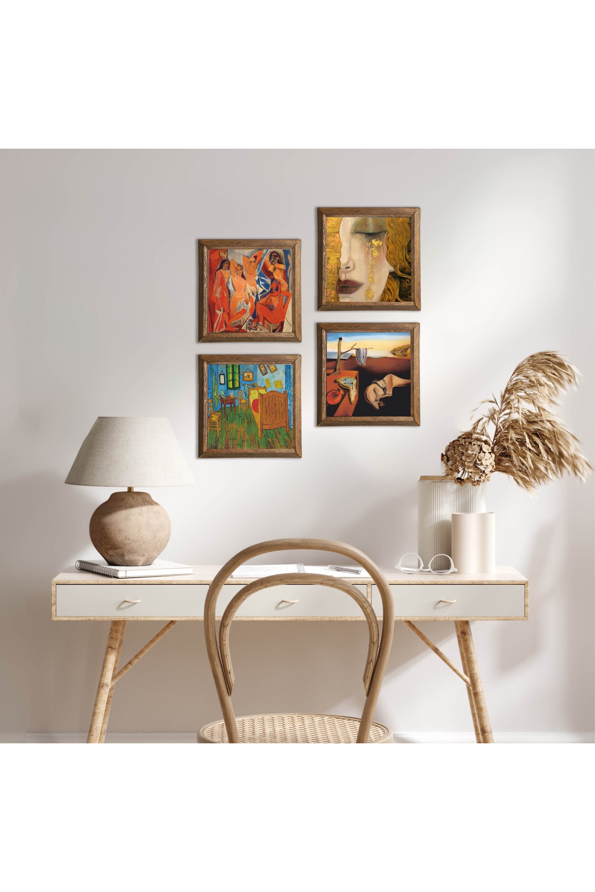 Salvador Dalí, Picasso, Van Gogh, Gustav Klimt Stone Wall Painting Wood Framed Wall Decor 4 Piece Painting Set Wall Art