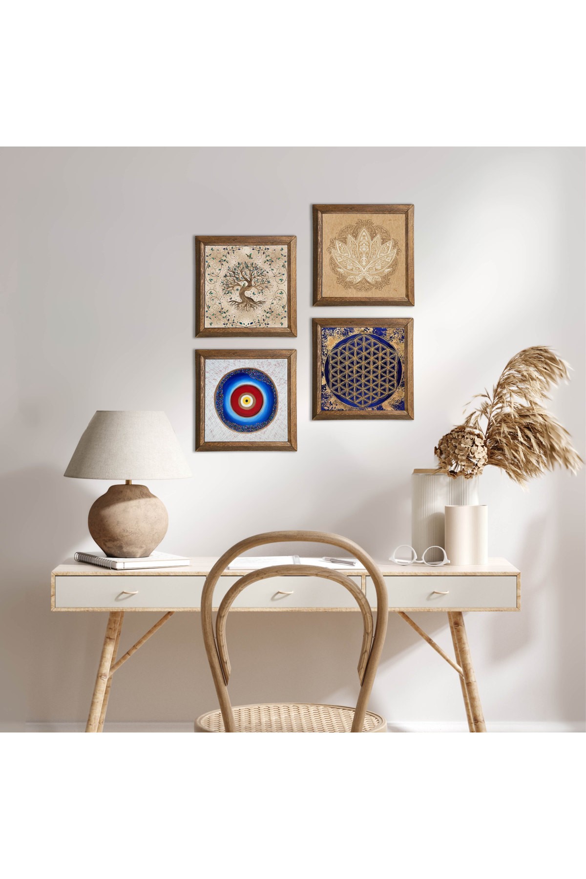 Nazar, Lotus Çiçeği, Yaşam Çiçeği, Hayat Ağacı Taş Duvar Tablosu Ahşap Çerçeveli Duvar Dekoru 4 Parça Tablo Seti Wall Art