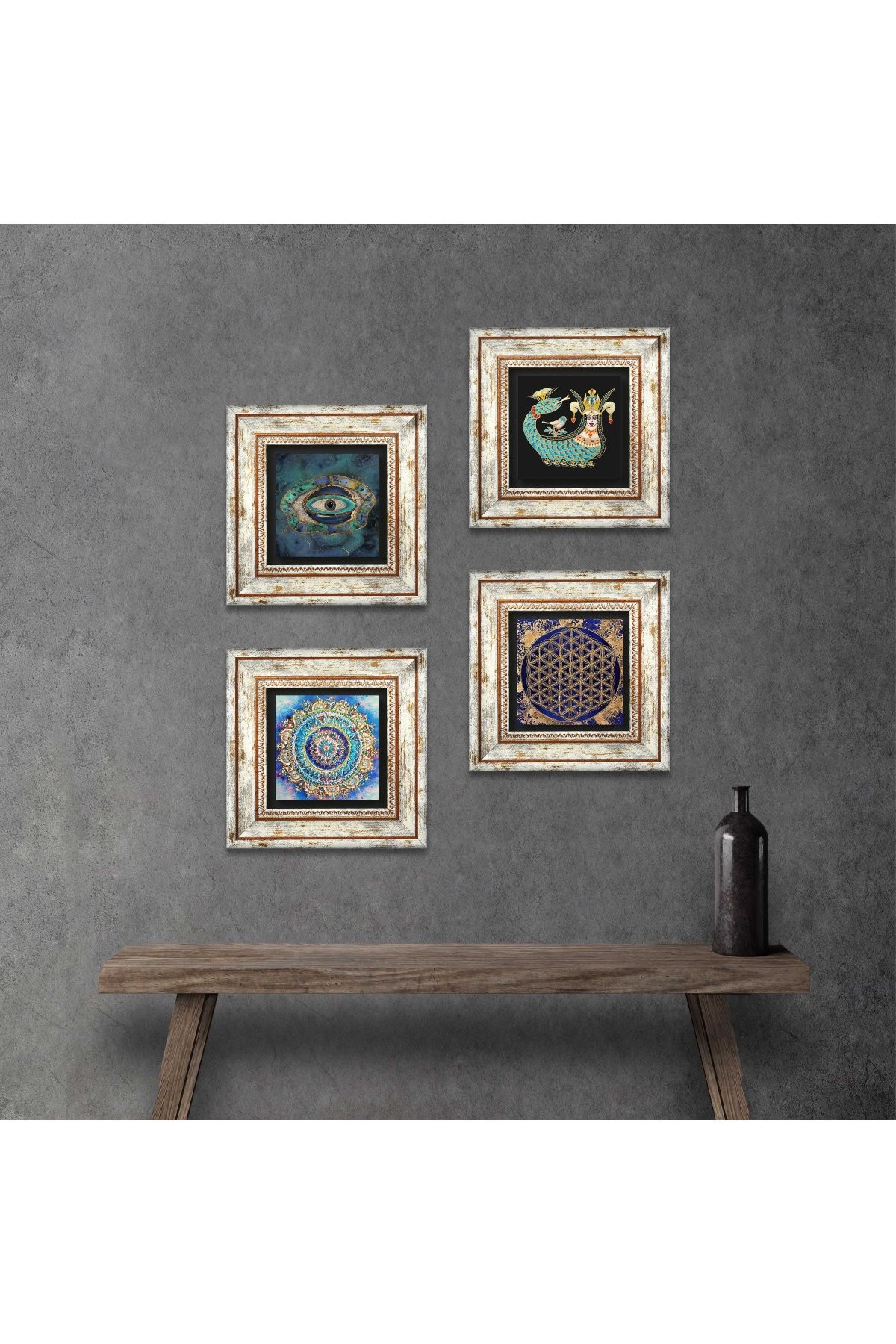 Mandala, Evil Eye, Flower of Life, Shahmaran Stone Wall Painting Framed Wall Decor 4 Piece Painting Set Wall Art