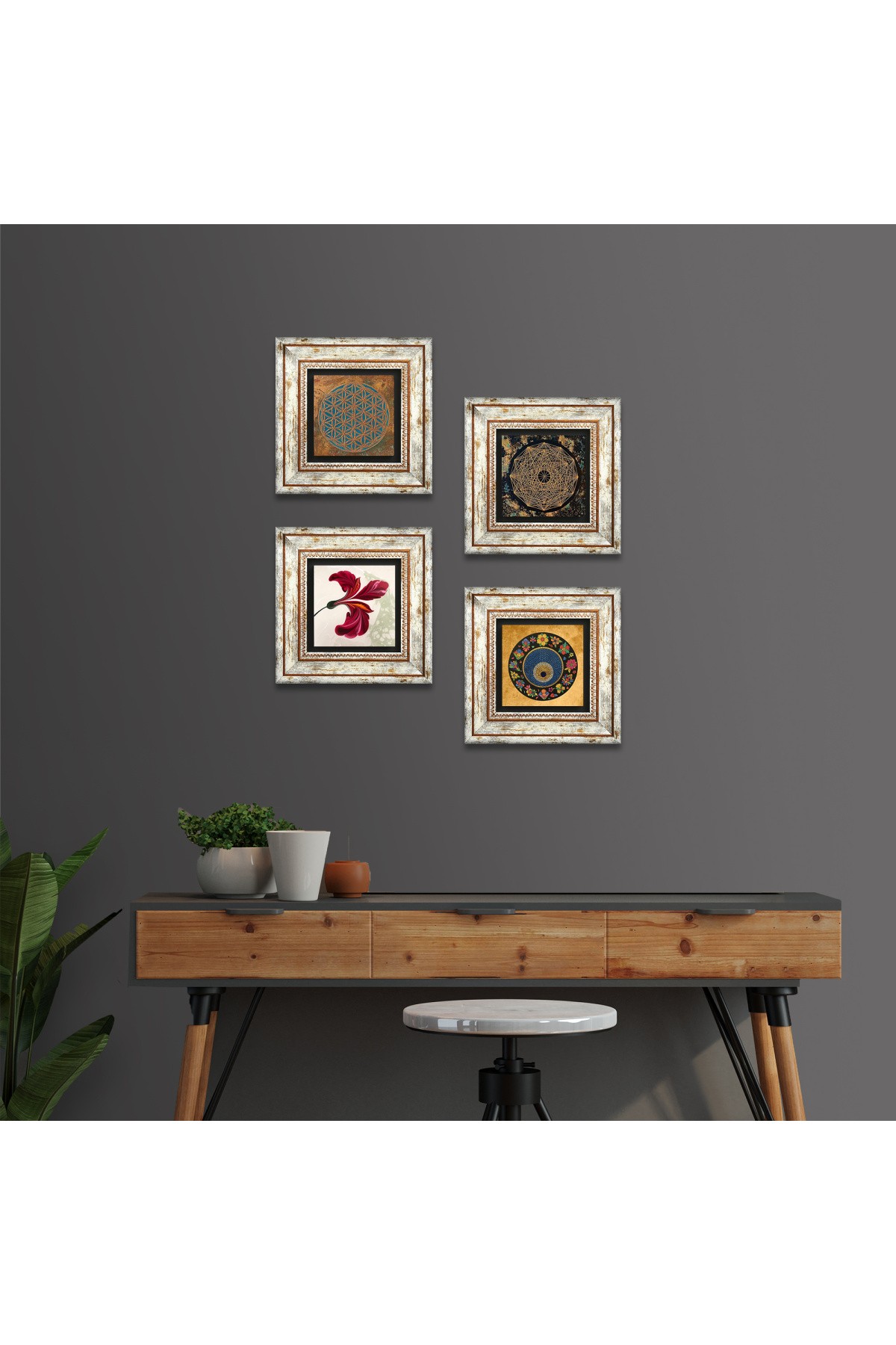 Yaşam Çiçeği, Sri Yantra, Nazar, Lale Taş Duvar Tablosu Çerçeveli Duvar Dekoru 4 Parça Tablo Seti Wall Art