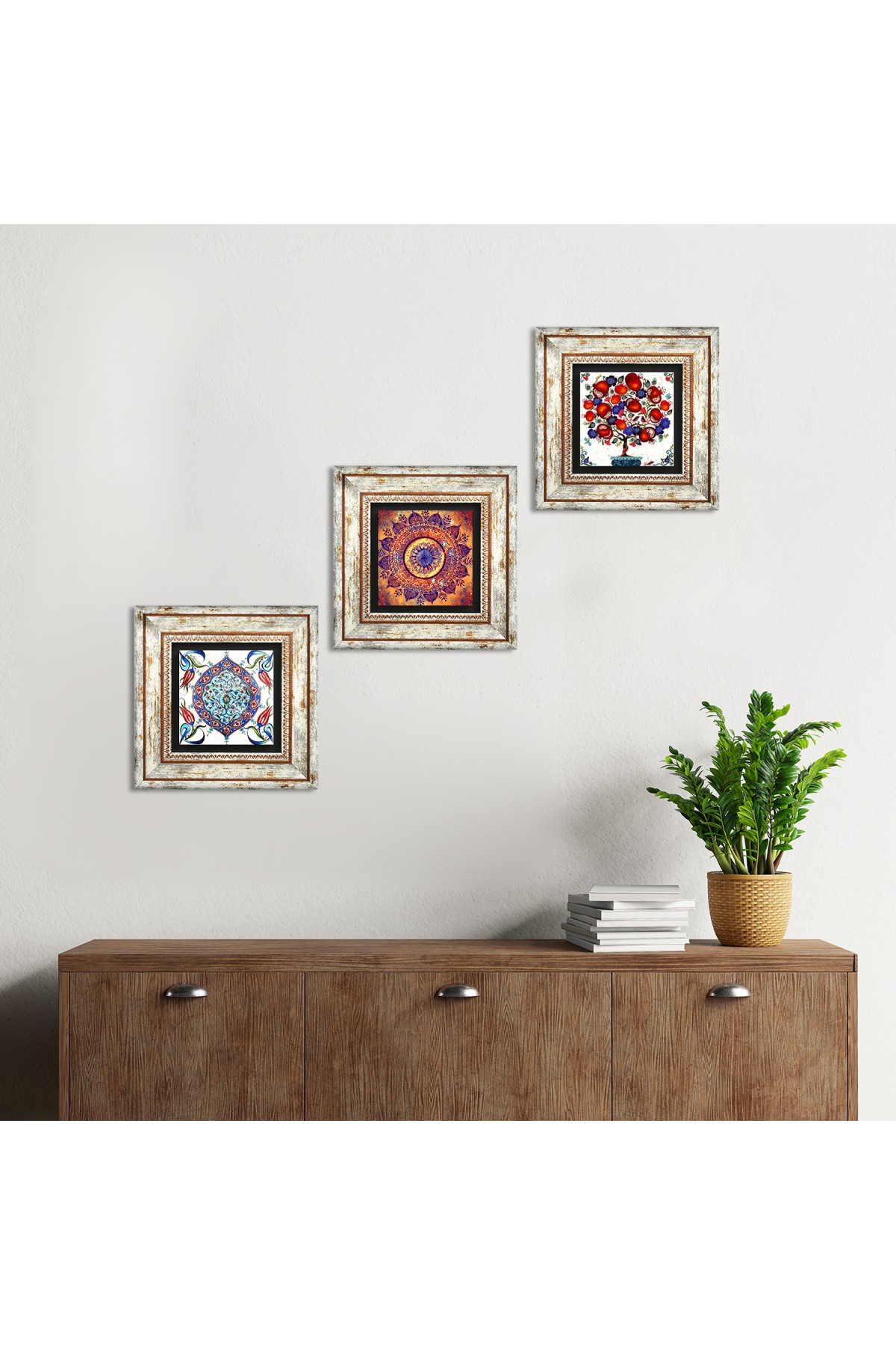 Mandala, Çini Sanatı, Nar Ağacı Taş Duvar Tablosu Çerçeveli Duvar Dekoru 3 Parça Tablo Seti Wall Art