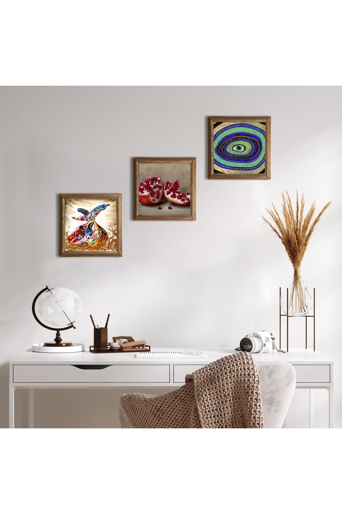 Evil Eye, Whirling Dervish, Pomegranate Stone Wall Painting Wooden Framed Wall Decor 3 Piece Painting Set Wall Art