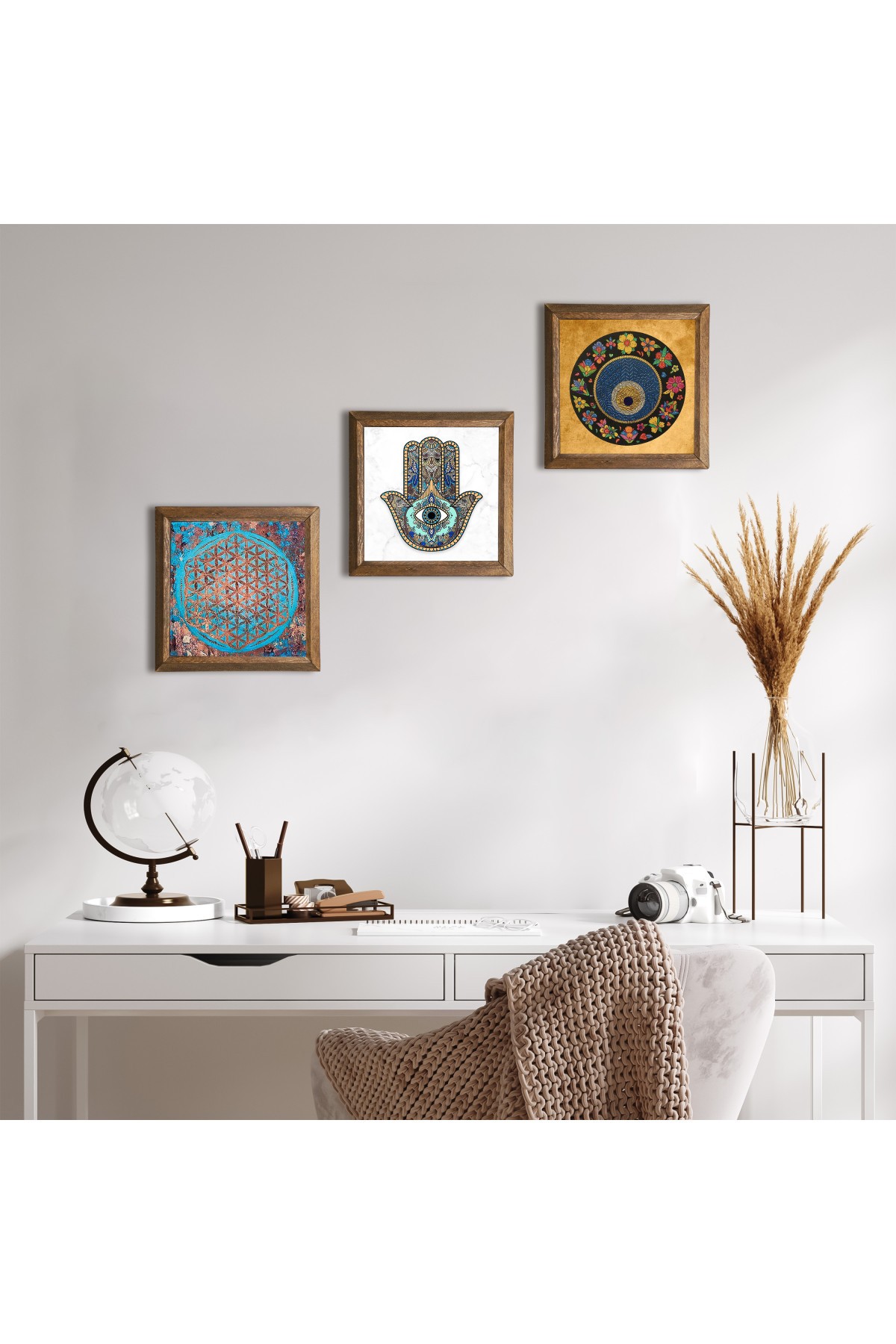 Flower of Life, Evil Eye Bead, Hand of Mother Fatima (Hamsa) Stone Wall Painting Wooden Framed Wall Decoration 3 Piece Painting Set Wall Art